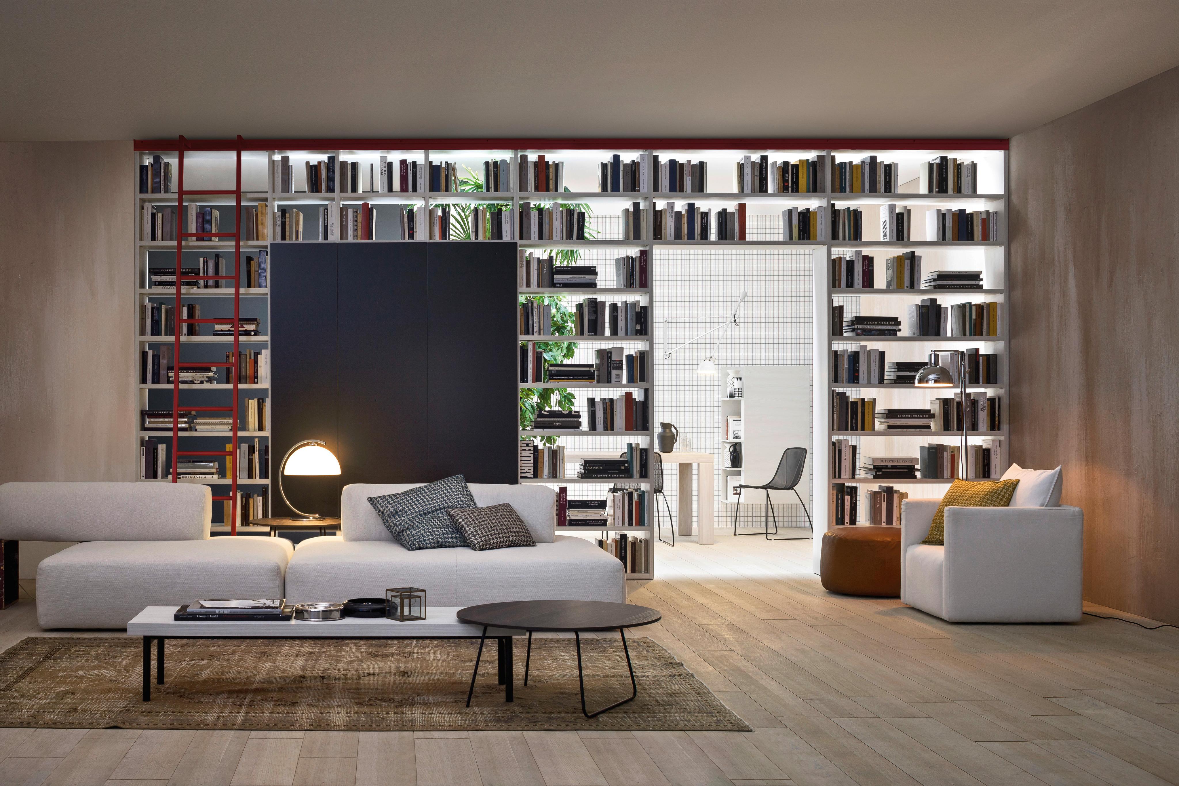 Design Bücherregal mit Leiter als Raumteiler #bücherregal #wohnzimmer #raumteiler ©Livarea.de / Novamobili