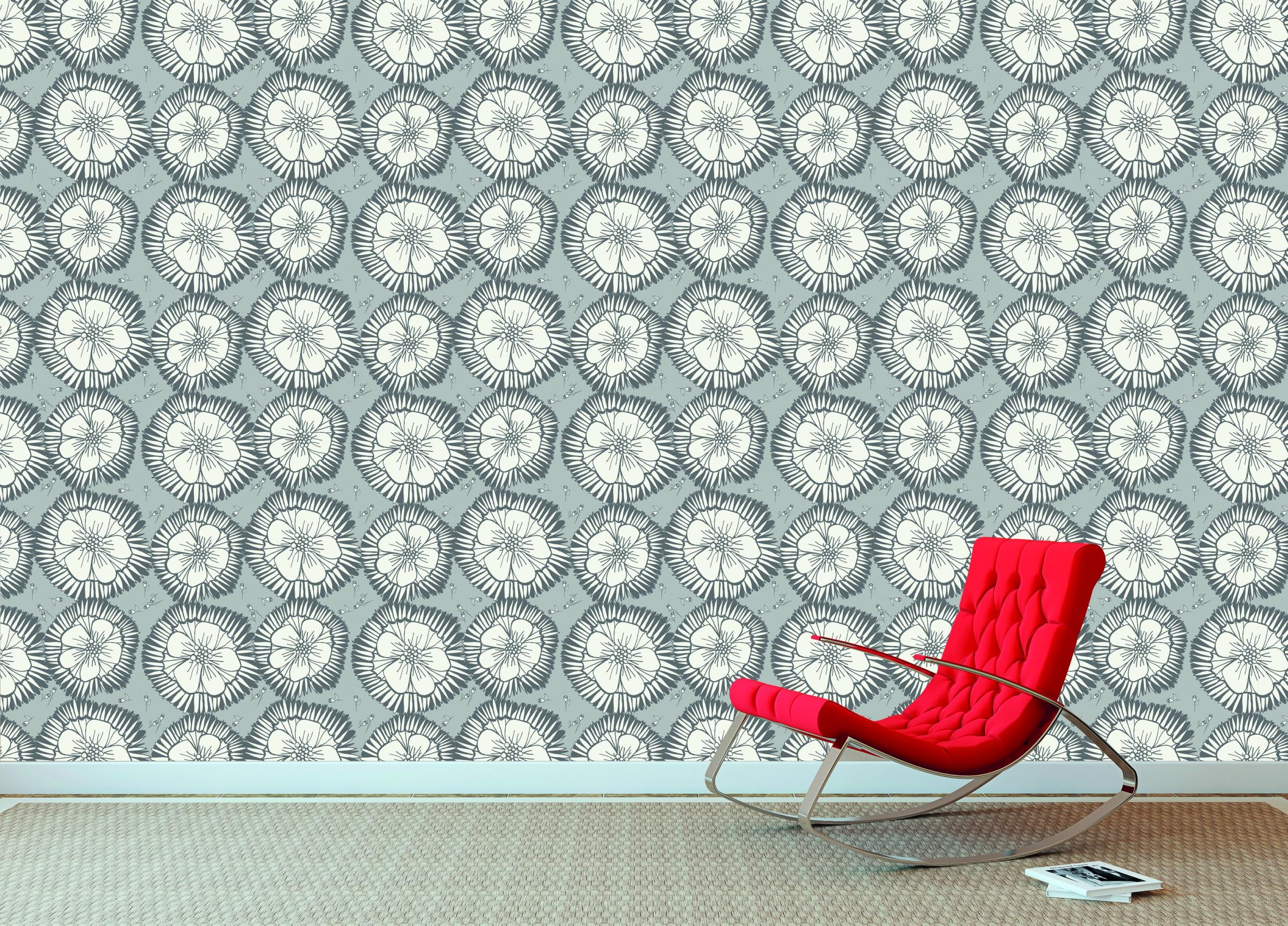 Design-Tapete Blossoms Grey #wohnzimmer #wandgestaltung #wall&deco #skandinavischesdesign #designwand #grauweißewandgestaltung ©Studio Kelkka