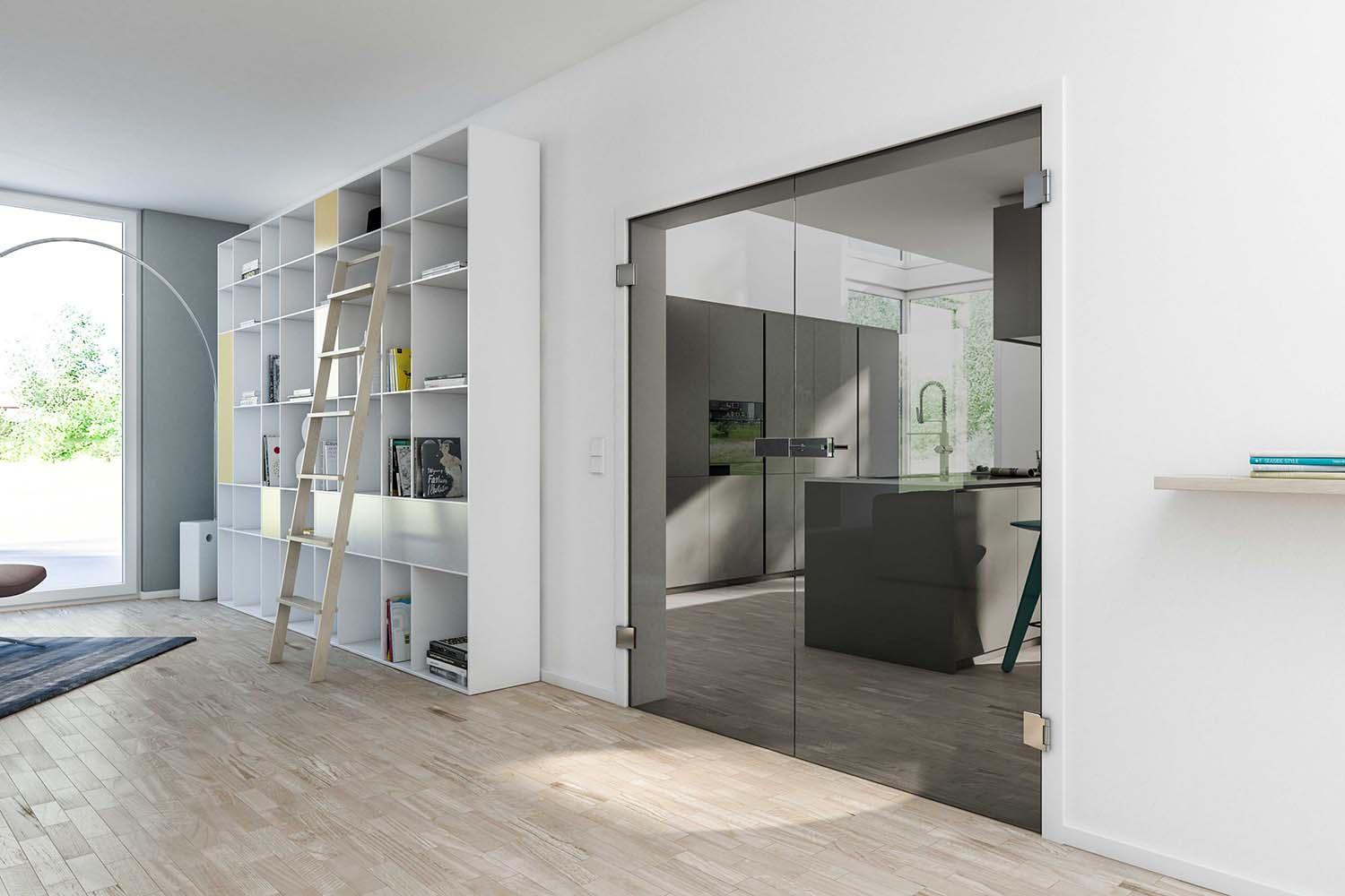Doppelflügelige Tür mit grau getönter Glasoptik #stylisch #glastür ©HUGA Holztüren