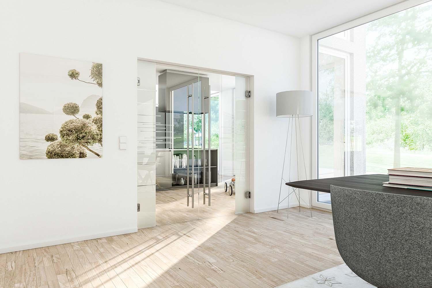 Glastür mit Motiv im hellen Wohnraum #stylisch #glastür ©HUGA Holztüren