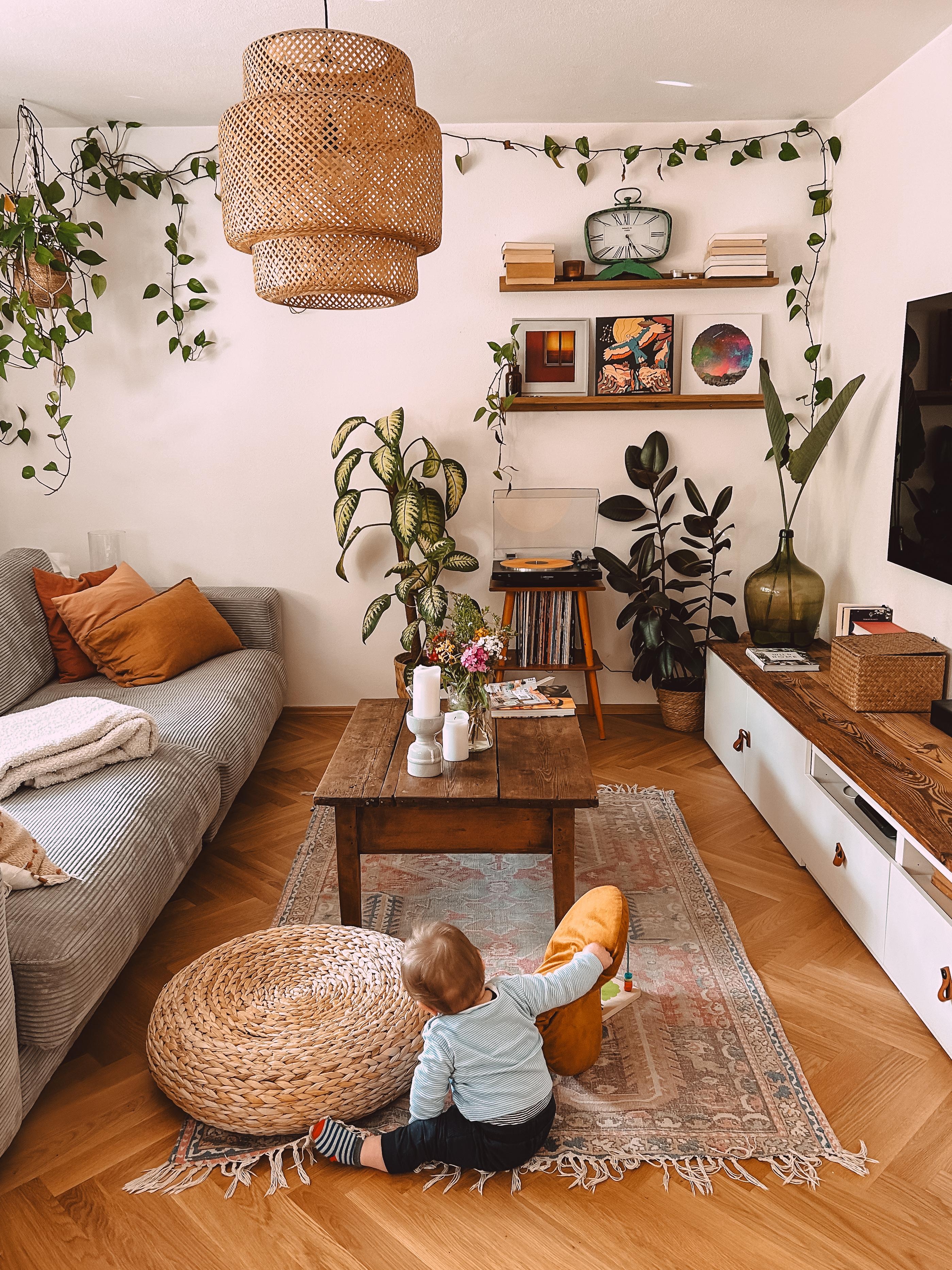Mein kleiner Dekorateur 🧡#wohnzimmer #boho #teppich #ikea #besta #cordsofa #pflanzen #plattensammlung