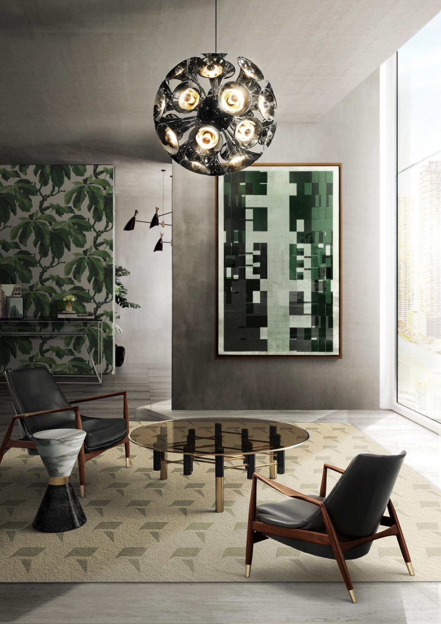 Pendelleuchte im "Art Deco" Stil #couchtisch #teppich #wohnzimmer #sessel #pendelleuchte #fototapete #glascouchtisch #zimmergestaltung ©Delightfull