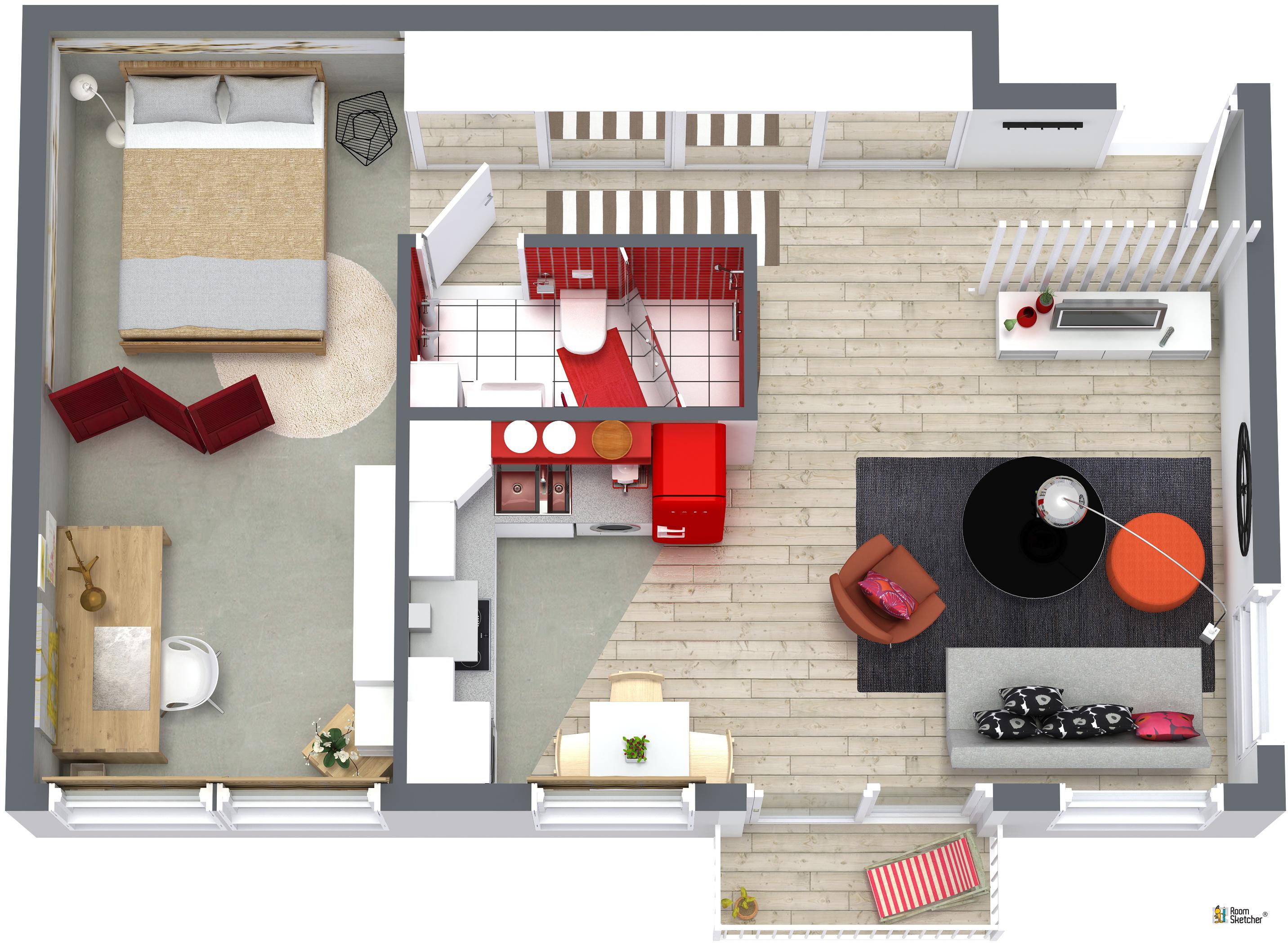 RoomSketcher Wohnidee: Kleine Wohnung einrichten - 3D Grundriss #grundriss #kleinerraum #kleinewohnungeinrichten ©RoomSketcher