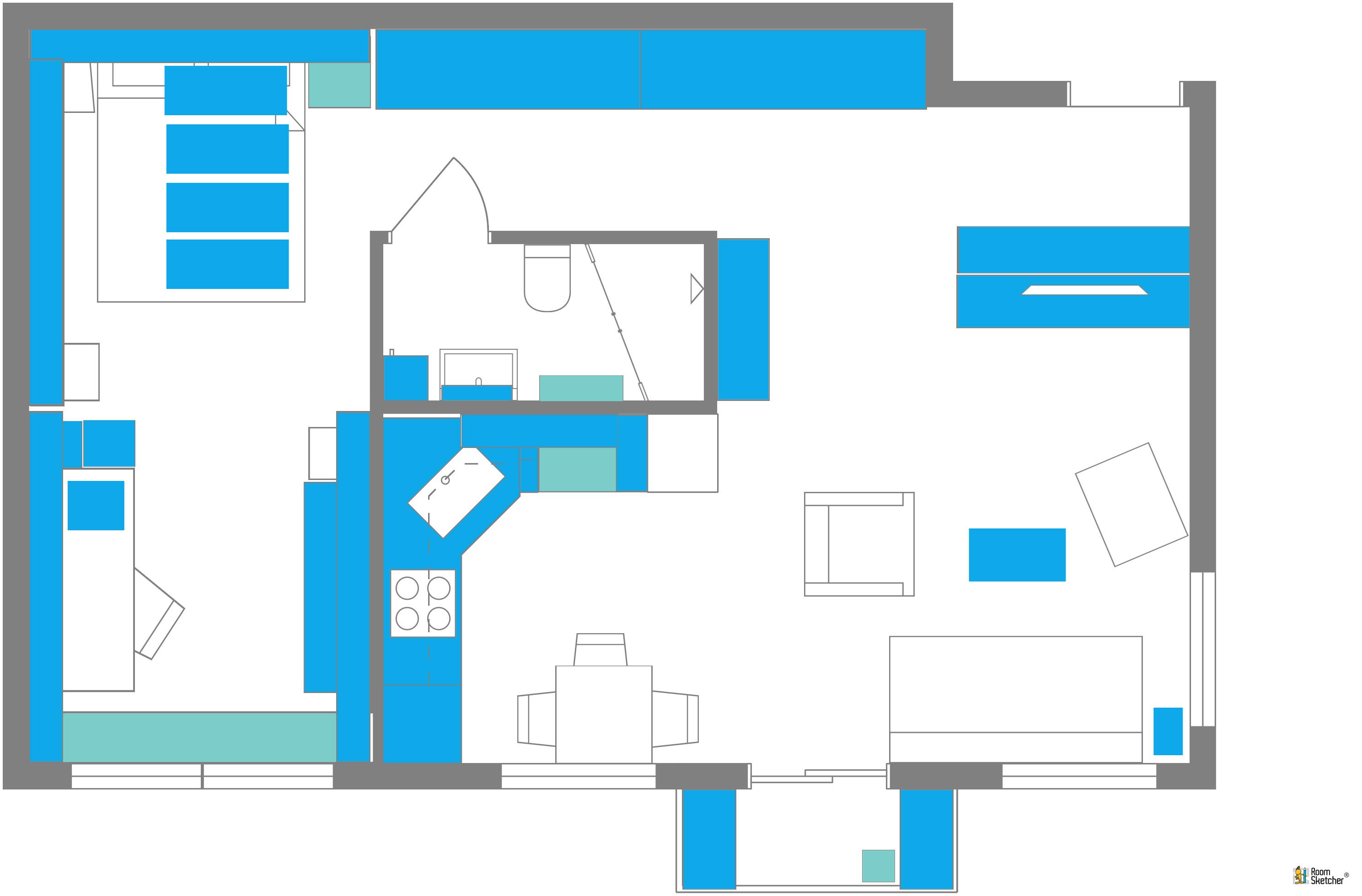 RoomSketcher Wohnidee: Kleine Wohnung mit Stauraum einrichten: 2D Grundriss mit Erläuterung #stauraum #grundriss #kleinewohnungeinrichten ©RoomSketcher
