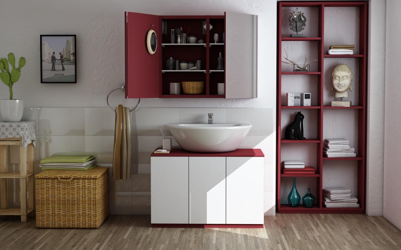 Rotes Regal im Badezimmer #einbauregal #badezimmerschrank #sideboard #waschbeckenunterschrank #nische #spiegelschrank #einbauschrank #einbaumöbel ©meine möbelmanufaktur GmbH