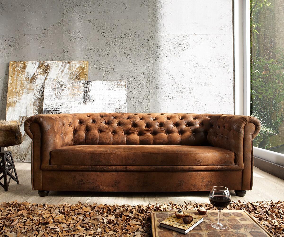 Sofa Chesterfield 200x90 Braun Antik Optik 3-Sitzer #ecksofa #kissen #sofa #wohnlandschaft #bigsofa ©DELIFE GmbH