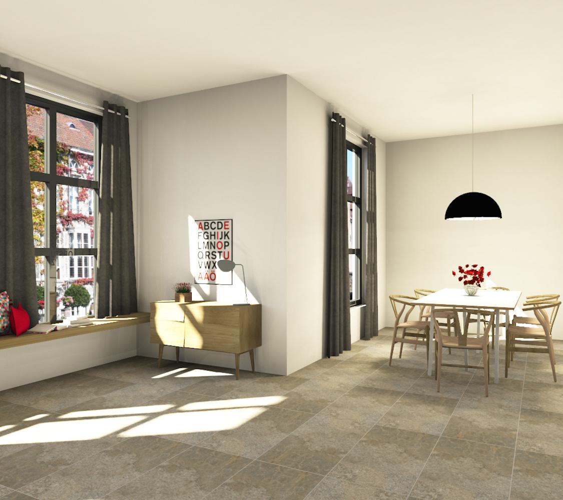 Wohnzimmer #esstisch #sideboard #gardine #steinfliesen #esszimmerstuhl #fensterbank ©Fliesenmax