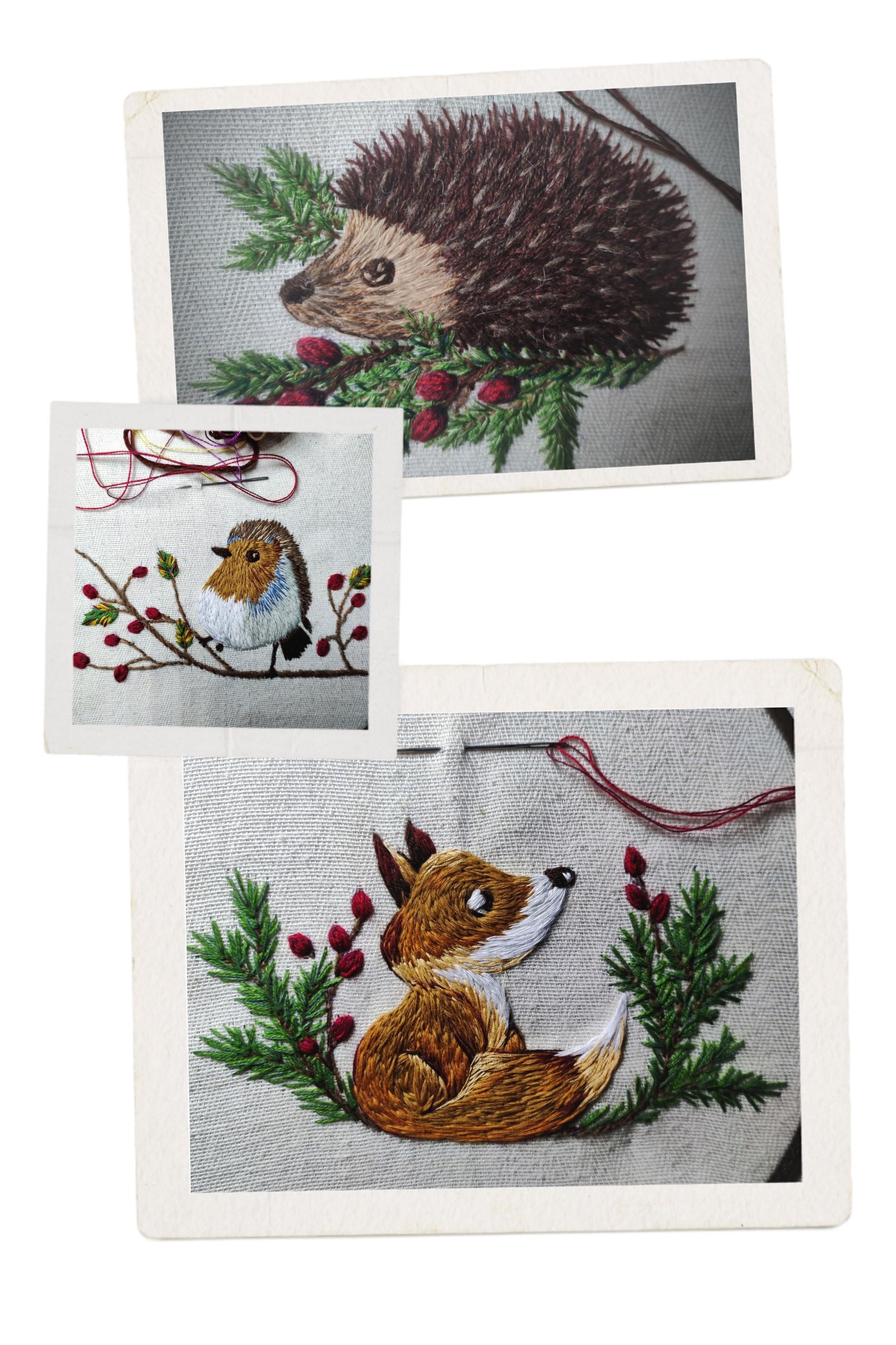 Xmas embroidery🦔🦊🐦🌲#embroiderylove #nadelmalerei #weihnachtsdeko