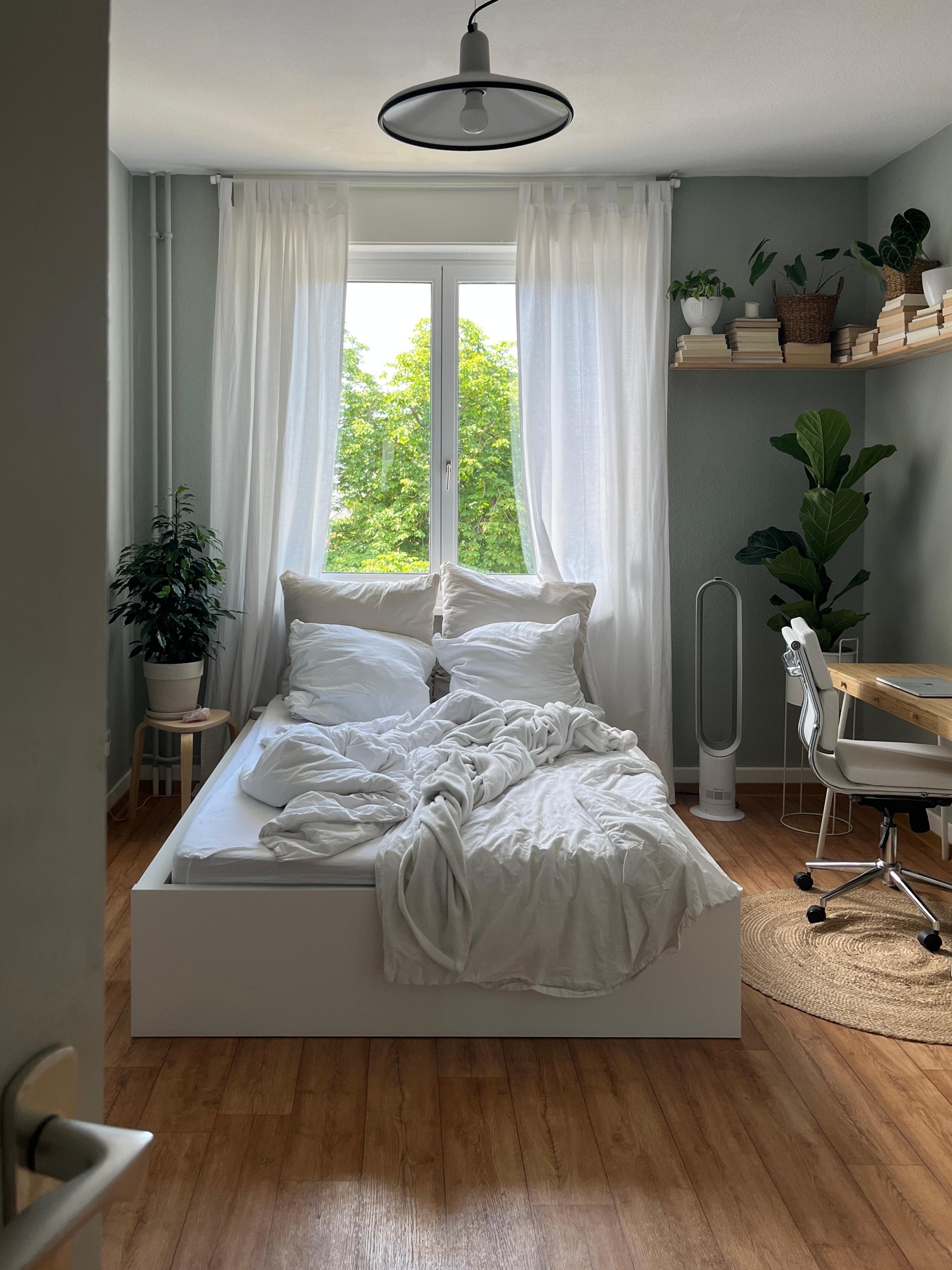 🤍 #neuhier #schlafzimmer #pflanzen #bett #einrichtung #interior #grün #beige #holz #homeoffice