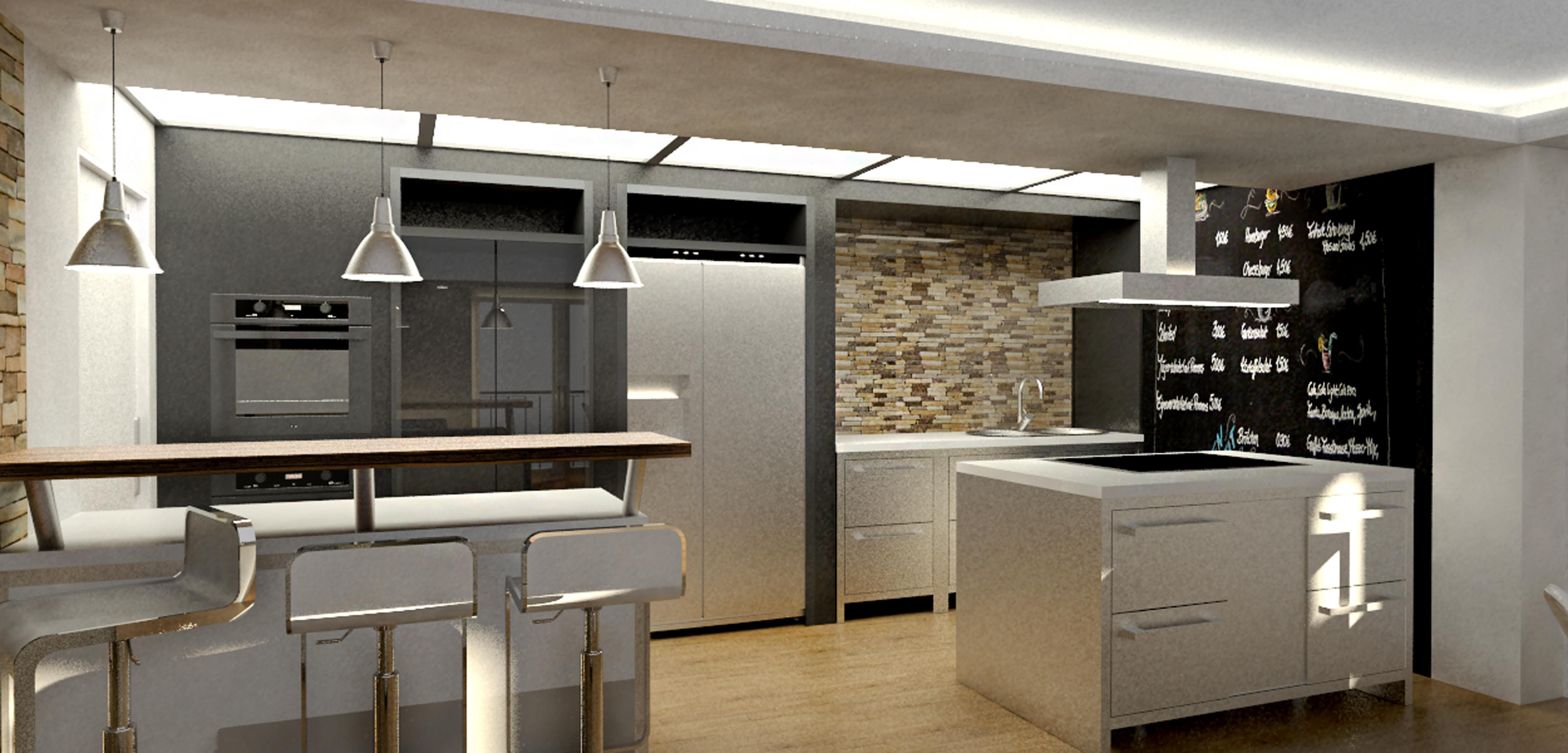 3D-Ansicht Loft-Küche #küche #steinwand #beleuchtung #tafelwand ©dieRaumpiraten