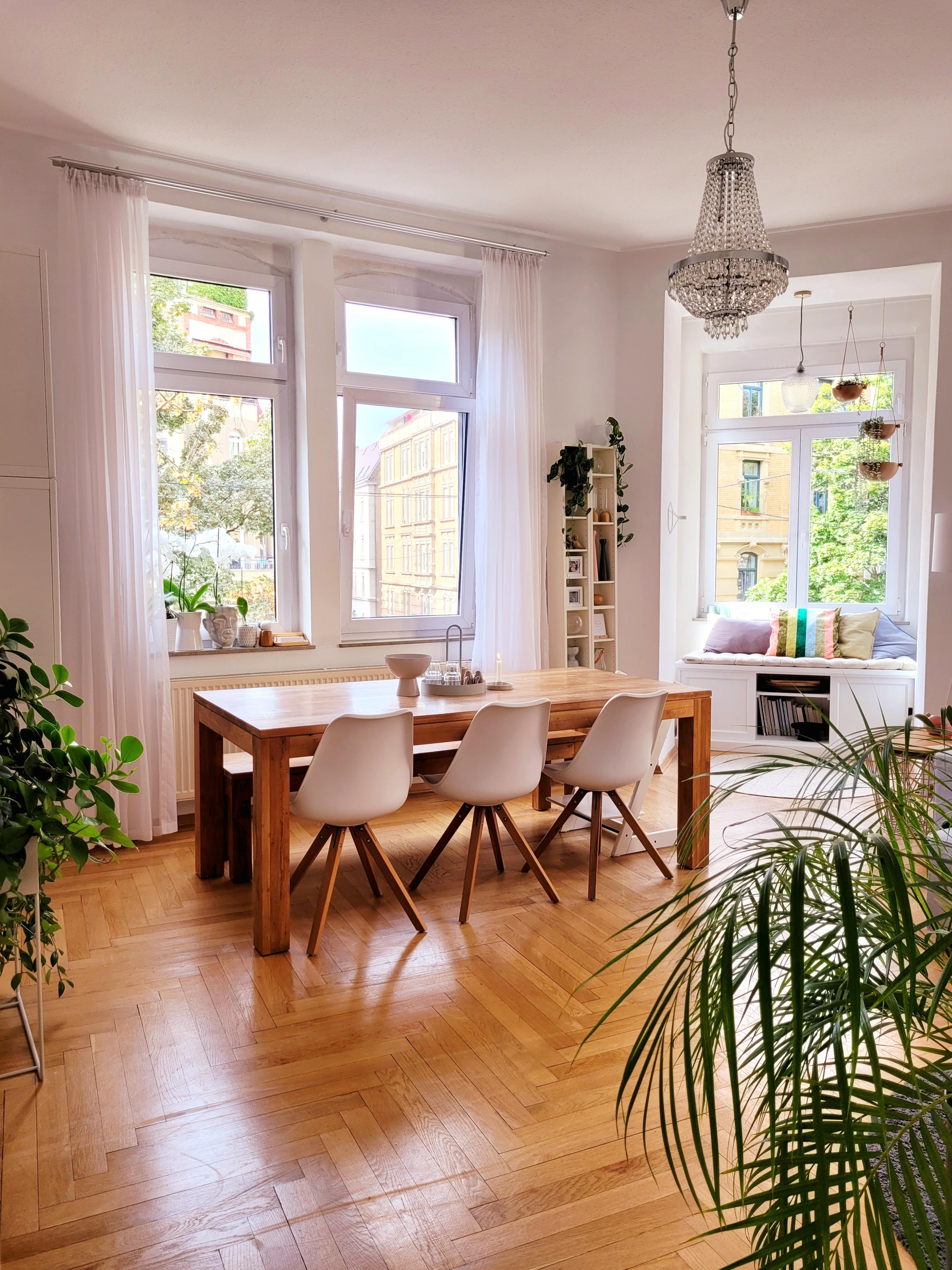 #Altbau #Wohnzimmer #Esszimmer #Tisch #Holztisch #Detail #Stühle
#Erker #Kronleuchter #skandi #Pflanzen #skandi