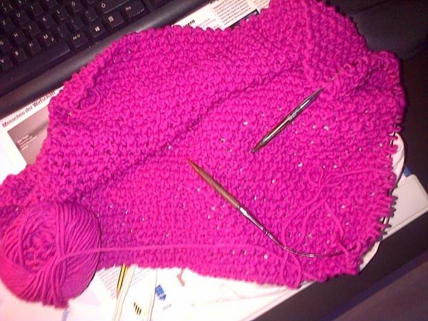 An einem richtig schönen knalligen pinken Schal ...ist aber eigentlich nicht mehr ganz wahr, er ist nämlich gestern Abend fertig geworden :)