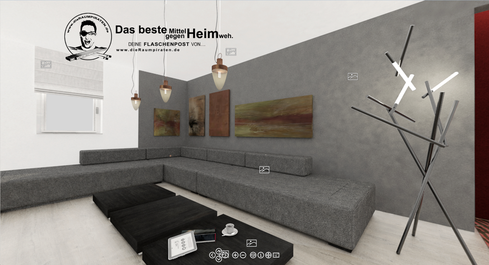 #Asymmetrie #Wohnzimmer #Bildergalerie #dunkle Wand #graue Couch