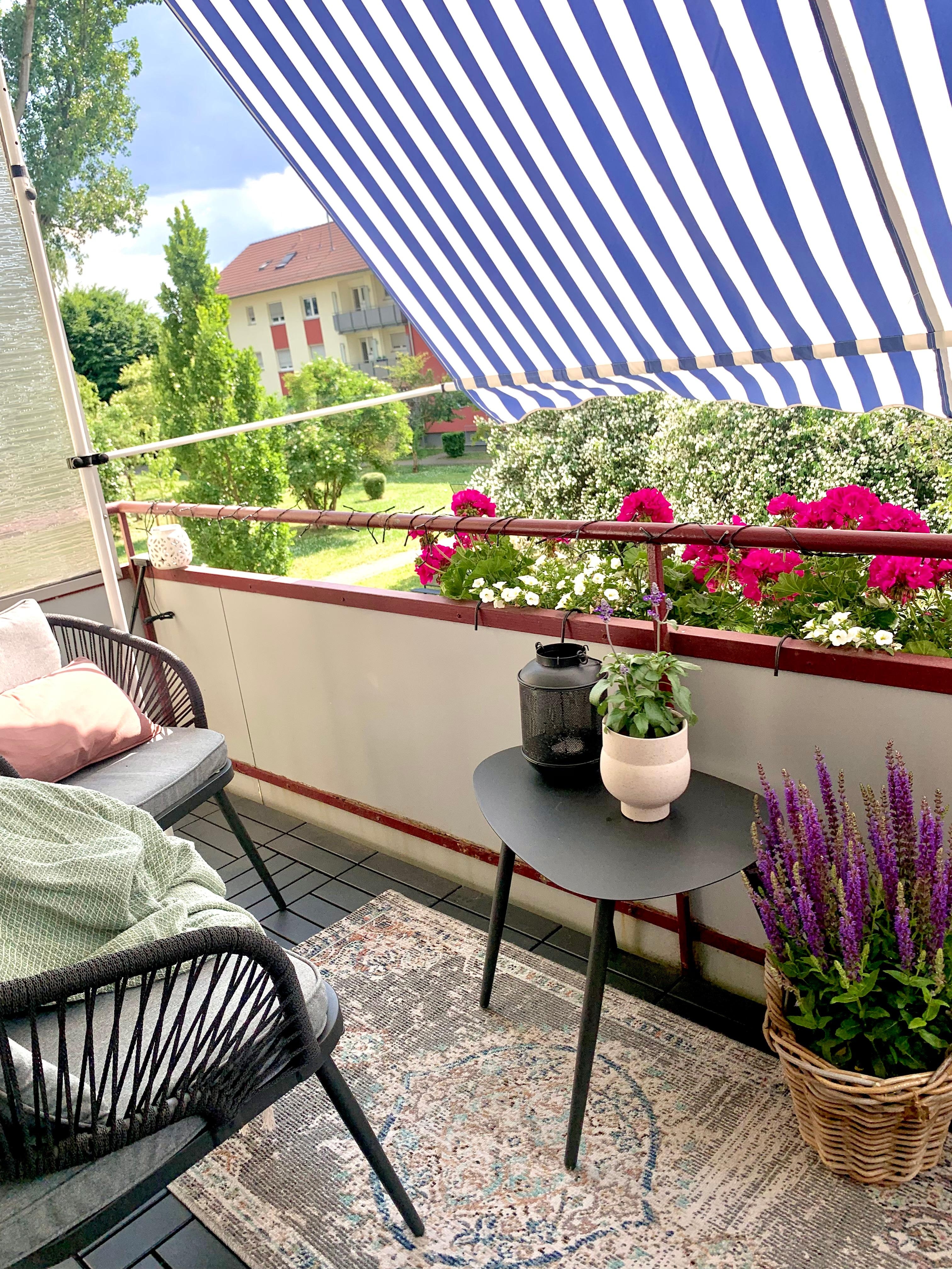 Auf dem Balkon 💙🤍

#flower #markise #stuhl #tisch #outdoor #teppich #korb 