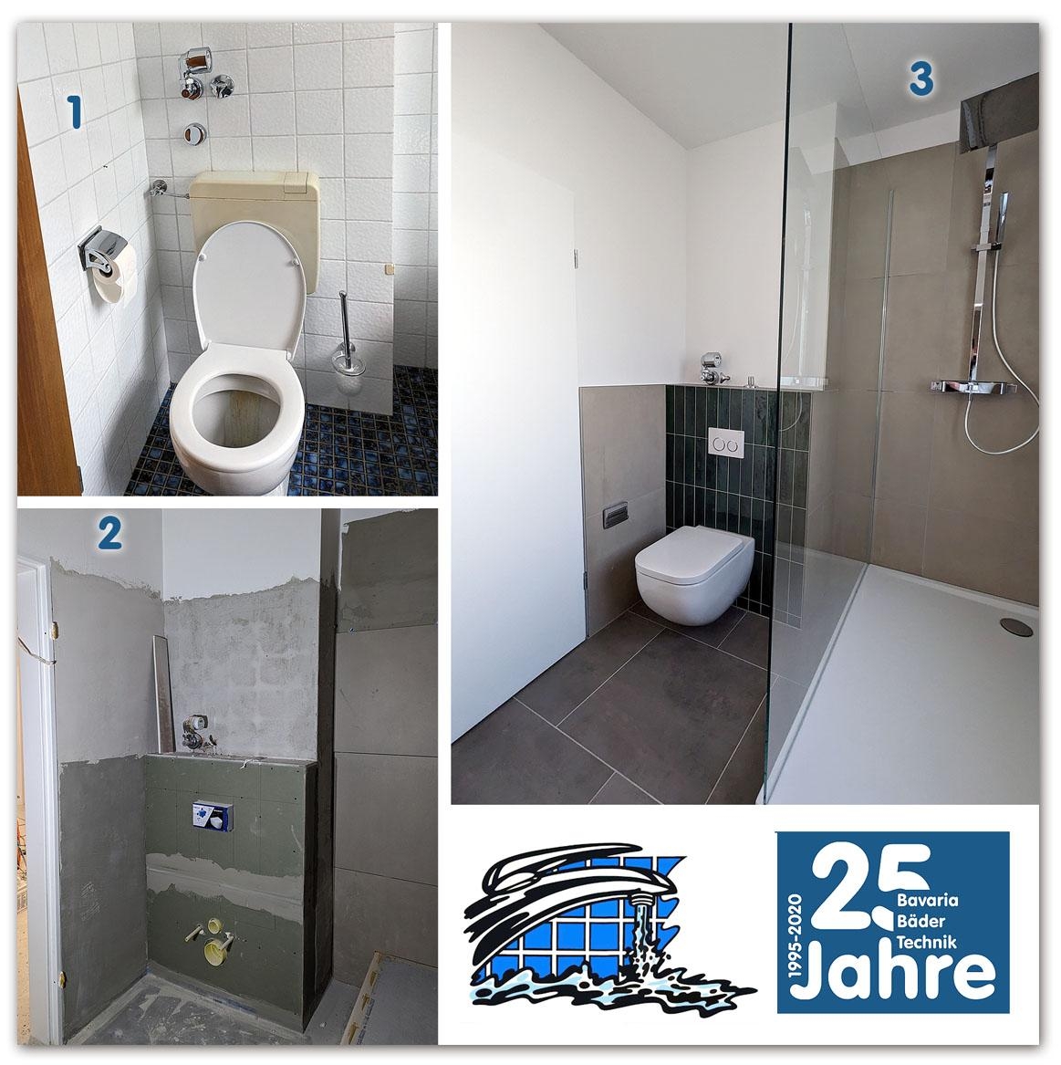 Bad-Komplett-Sanierung in einem Badezimmer in München mit Einbau eines Geberit-UP-Spülkastens mit Hänge-WC und Walk In - Dusche mit Brausesystem und Regenbrause.