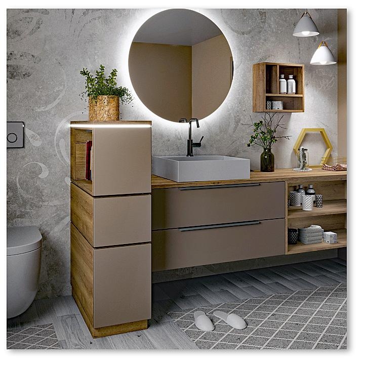 Badmöbel mit Aufsatz-Waschbecken und Raumteilerelement zur optischen Abgrenzung des Waschtischbereiches vom WC.