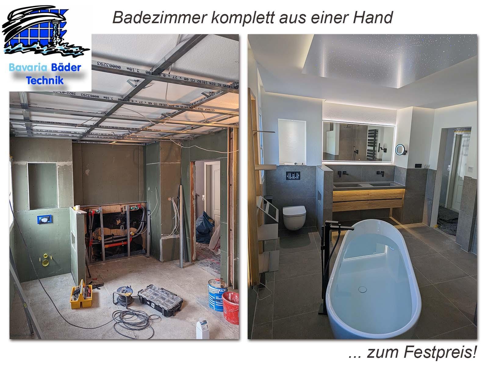 Badplanung mit Licht als Gestaltungselement - Decke mit Ambientebeleuchtung und Sternenhimmelpanel, beleuchtete Nischen und Waschtisch, Badspiegel mit Raumbeleuchtung