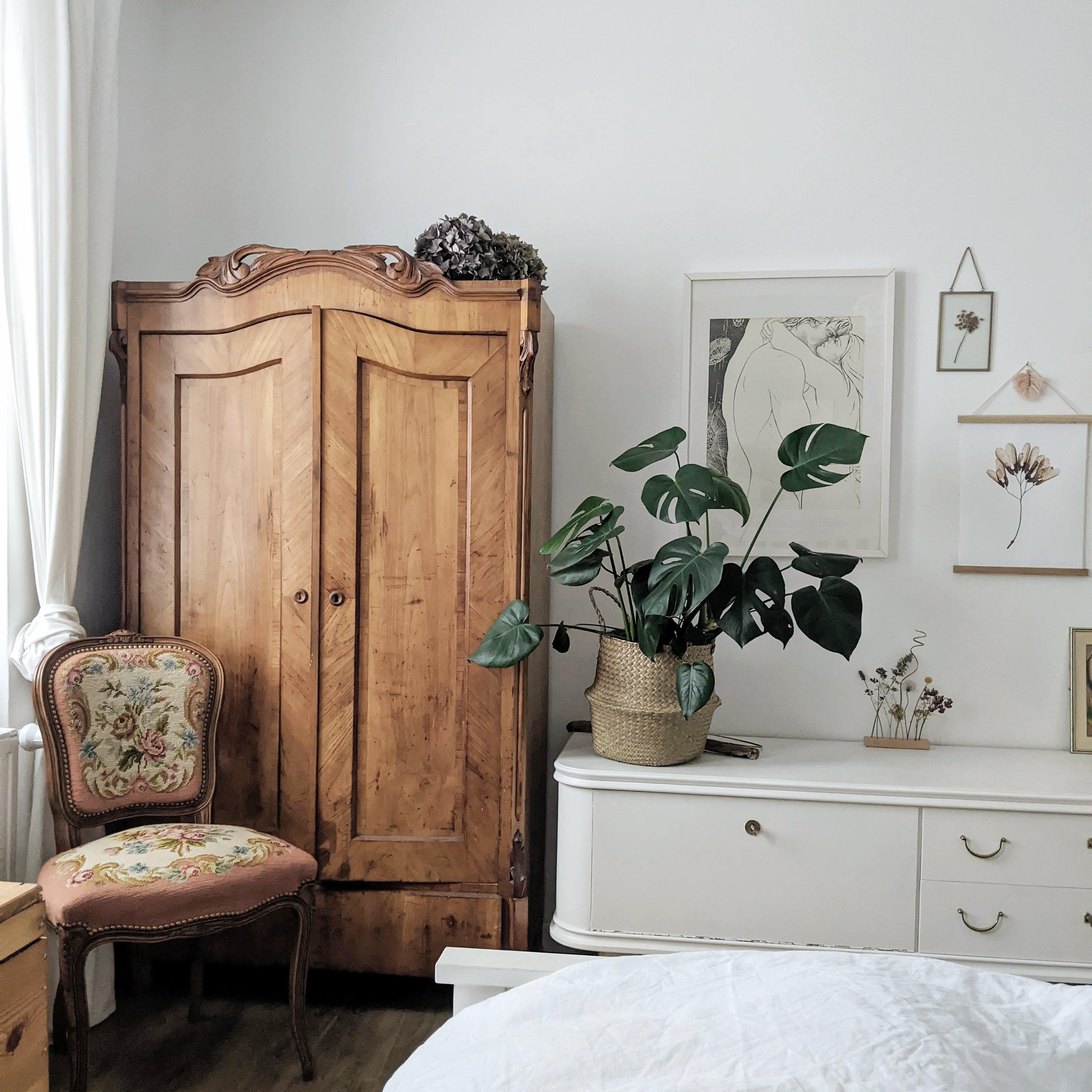 Bauernschrankliebe in groß und klein 🤎 #schlafzimmer #bedview #monstera #pflanzenliebe #bauernschrank #retro #vintage 