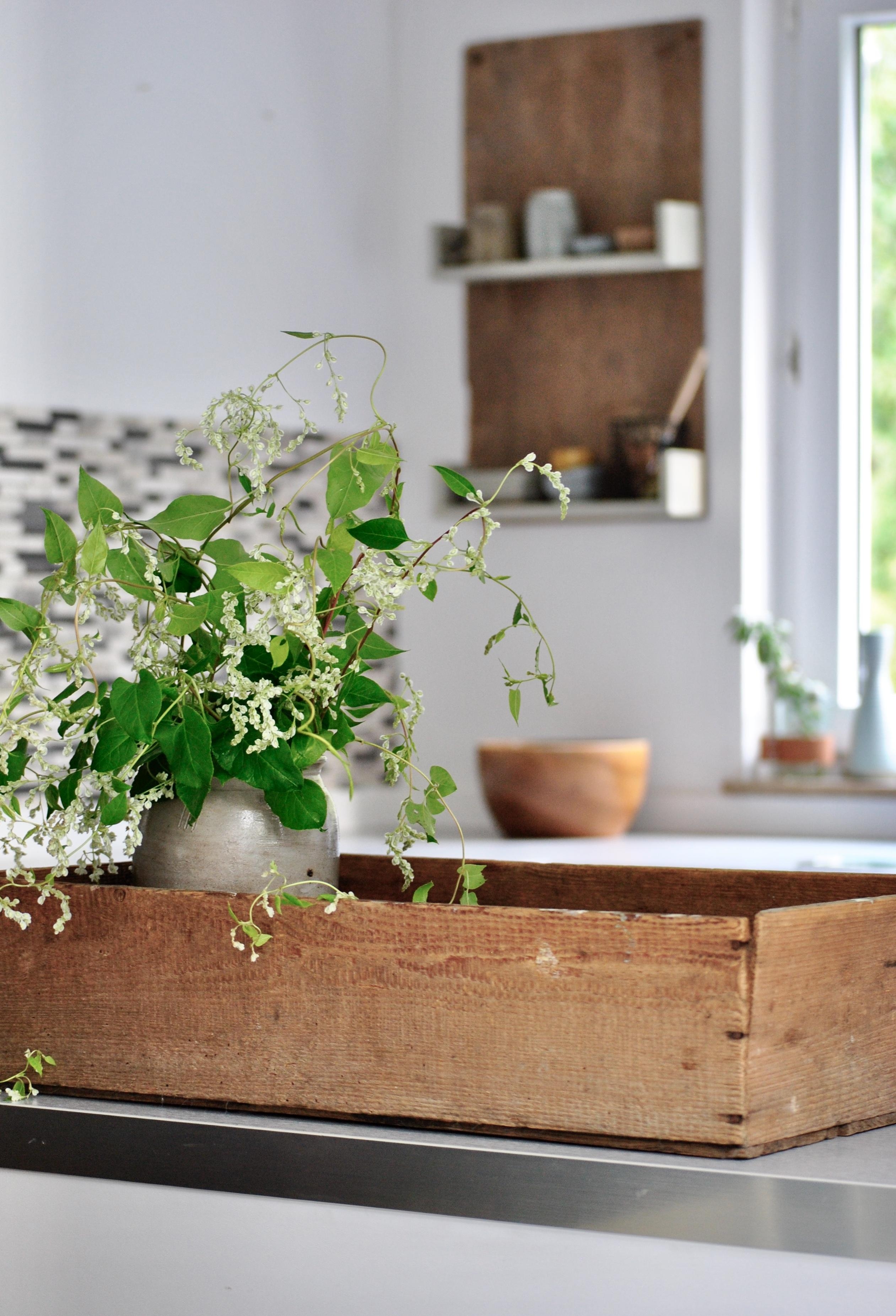 Blick in meine #küche #holz #küchenregal #kückenblock #regal #tasse #blumen #holzkiste