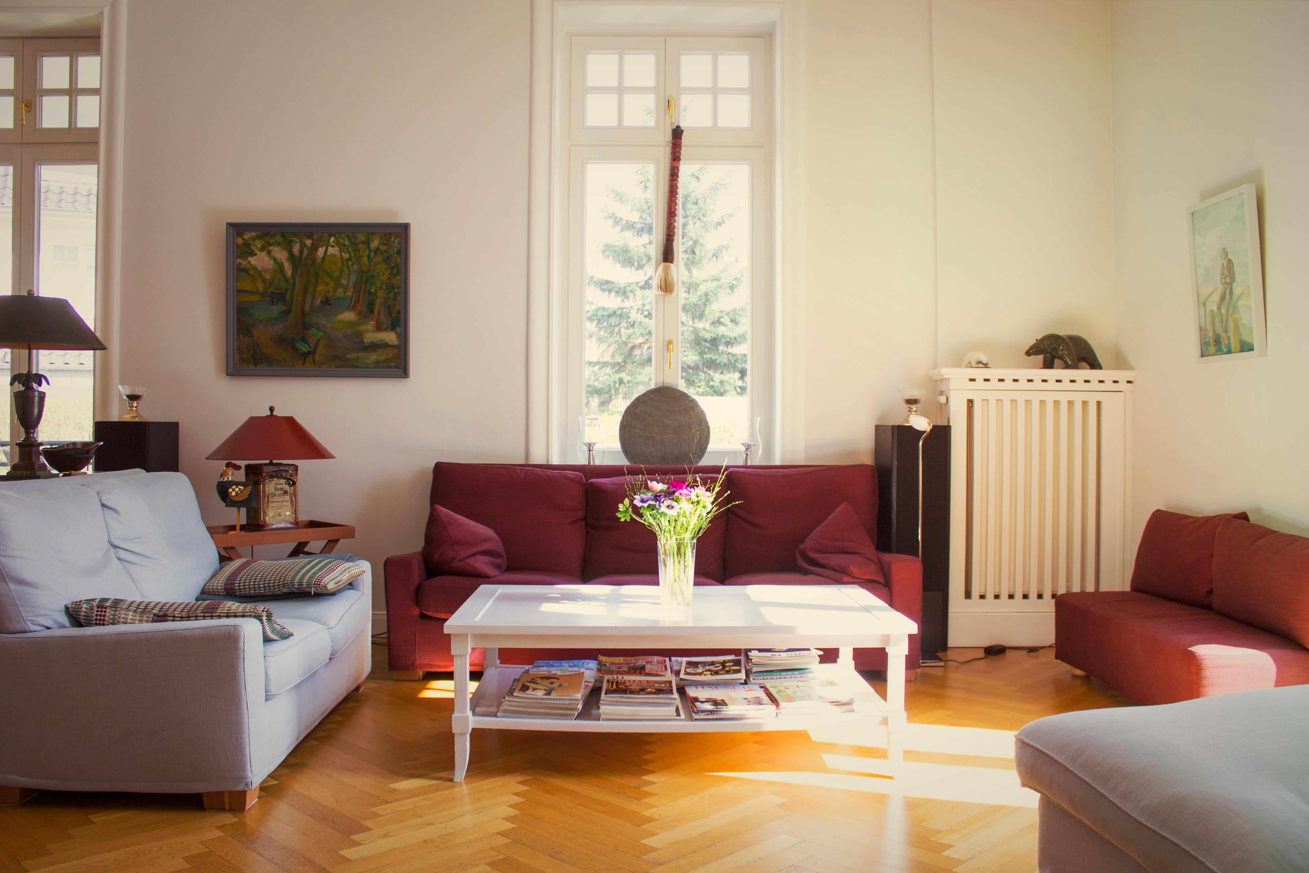 Brombeerfarbenes Sofa unter Fenster #wohnzimmer #hohesfenster ©Feng Shui - Energie im Fluss
