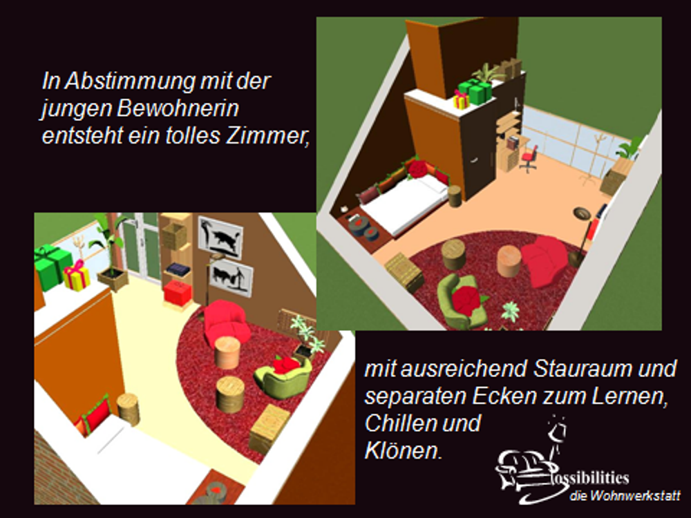CAD Entwurf für ein Jugendzimmer unterm Dach #jugendzimmermädchen #einrichtungsberatung #raumausstattung ©Possibilities