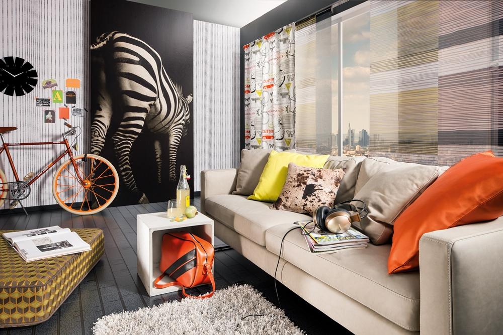 Cooles Design für ́s Wohnzimmer #kissen #laminat #flächenvorhang ©Südbund eG
