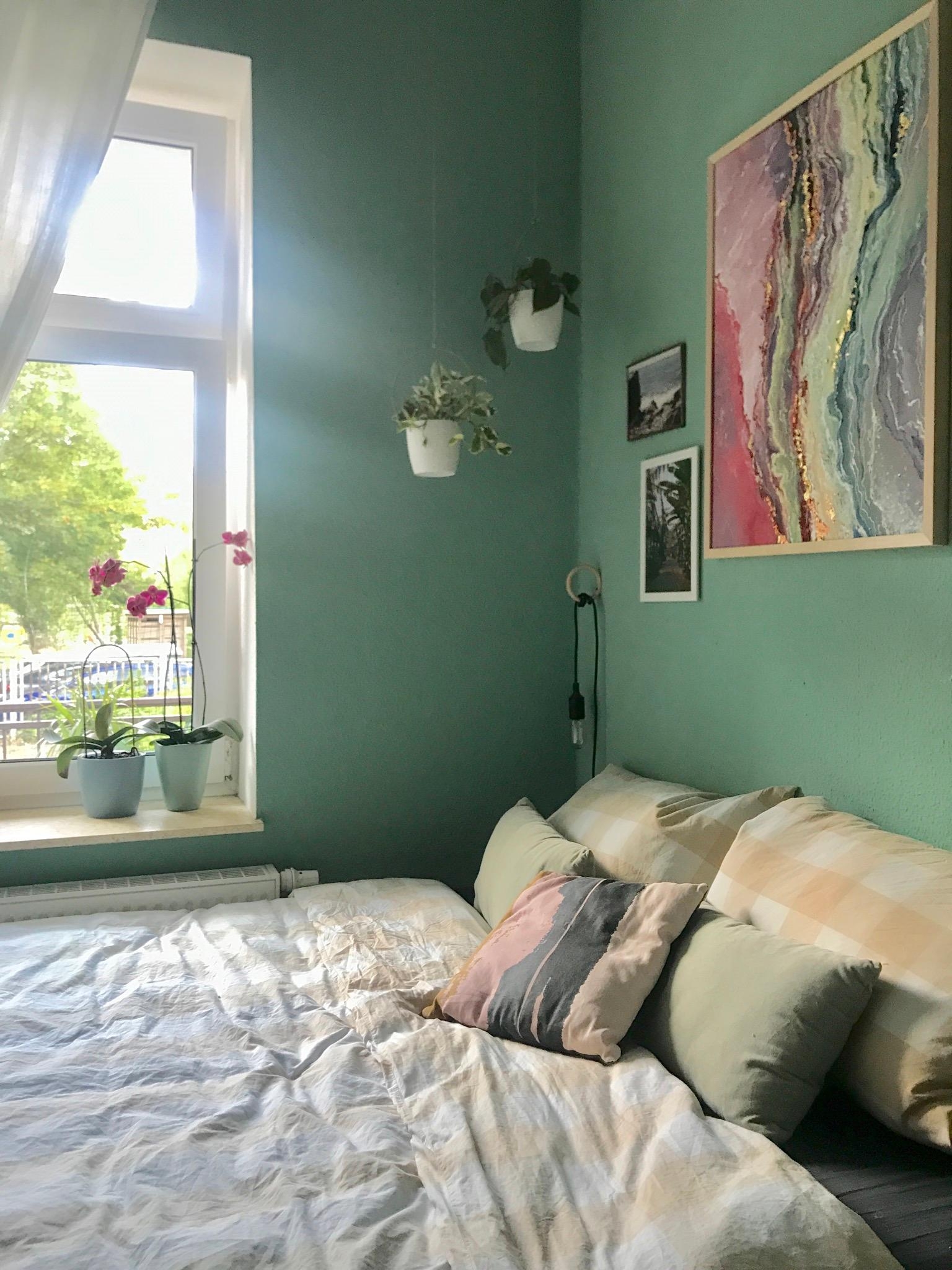 Das Grün ist noch nicht alt aber wäre ein Grau nicht schöner? 🤔 Was meint ihr? 🙈 #schlafzimmer #interior #wandfarbe