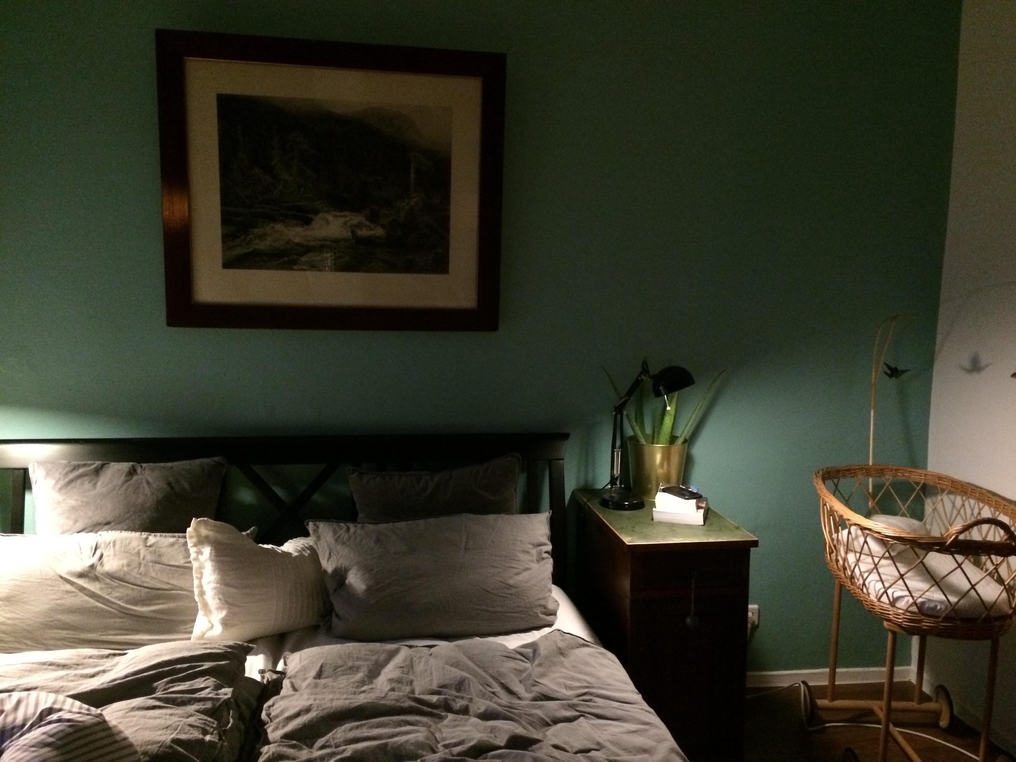 Das Schlafzimmer mit viel dunklem Holz, Goldelementen und natürlichen Grün