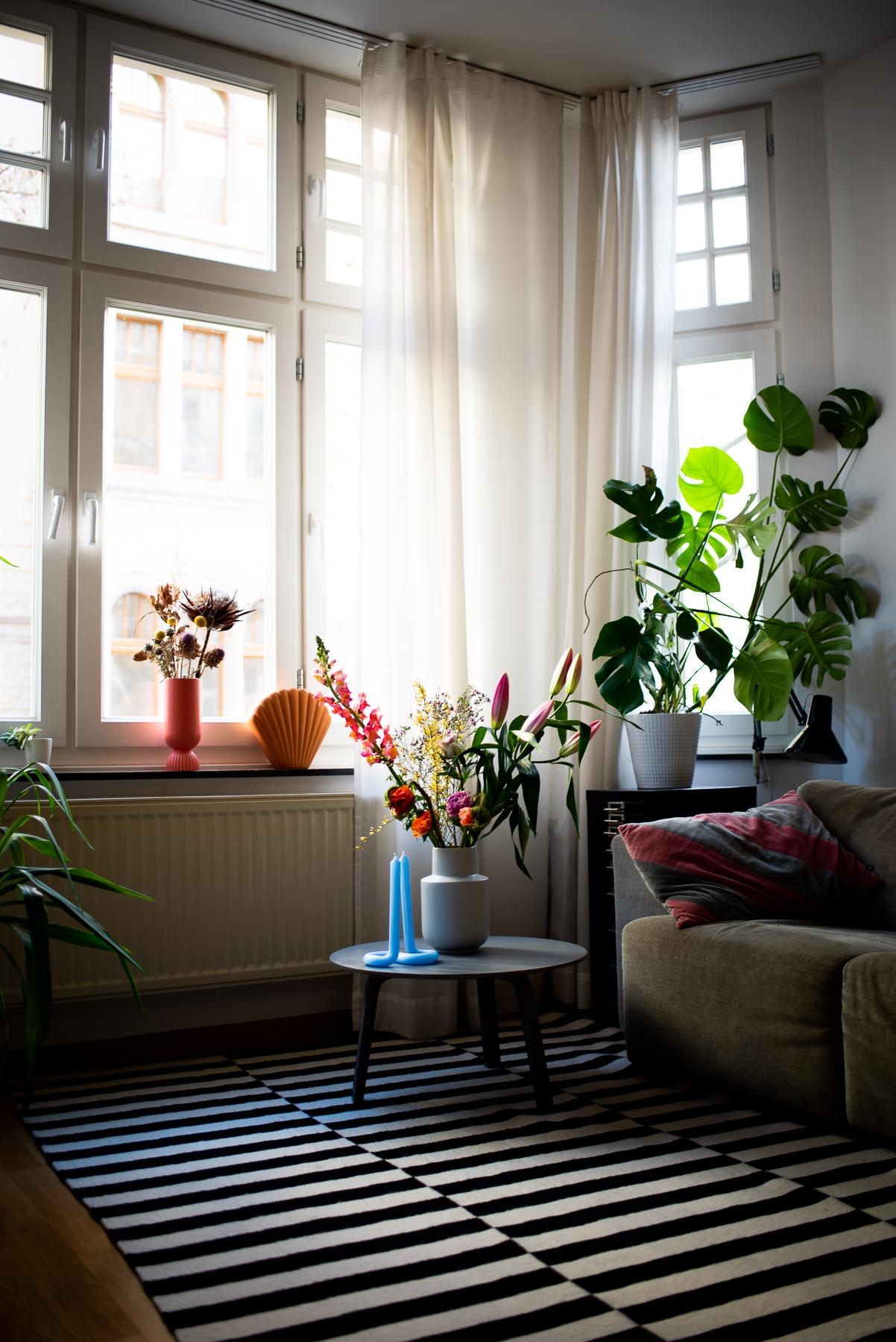 Der Frühling naht 💜 #wohnzimmer #couch #couchtisch #kerzen #vasen #deko #kissen #altbau #monstera #pflanzen #blumen 
