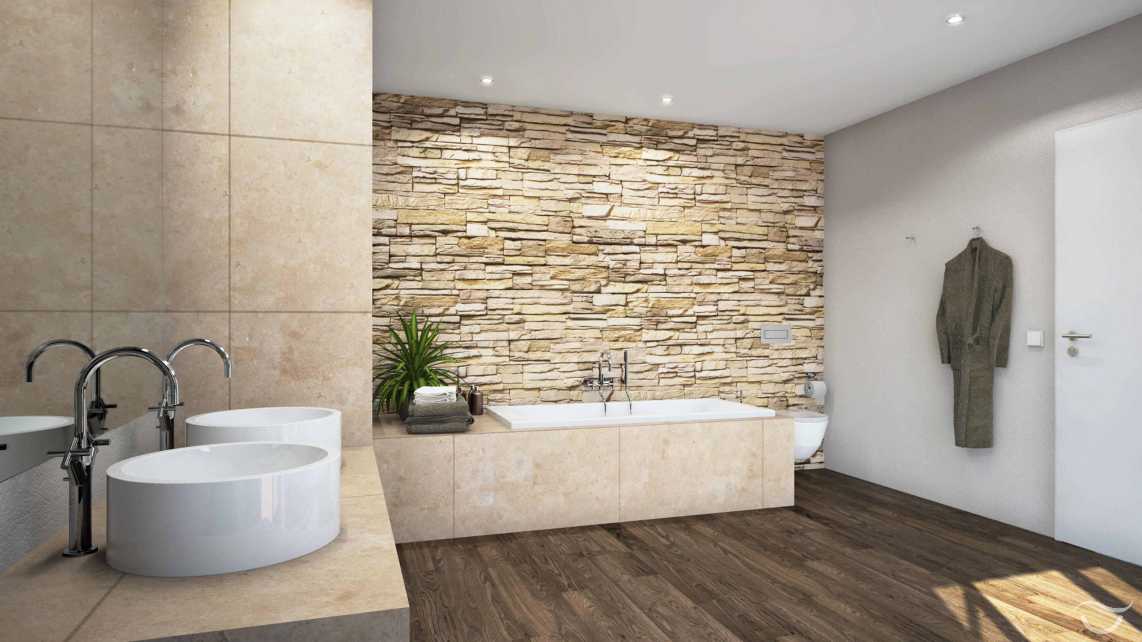 Design RUSTIO mit Steinmauer #badewanne #badezimmer #steinwand #rustikal #aufsatzwaschbecken ©Banovo GmbH