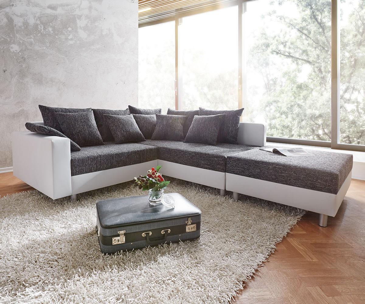 Ecksofa Clovis 213x185 cm Weiss Schwarz Ottomane Rechts #ecksofa #kissen #sofa #wohnlandschaft #bigsofa ©DELIFE GmbH