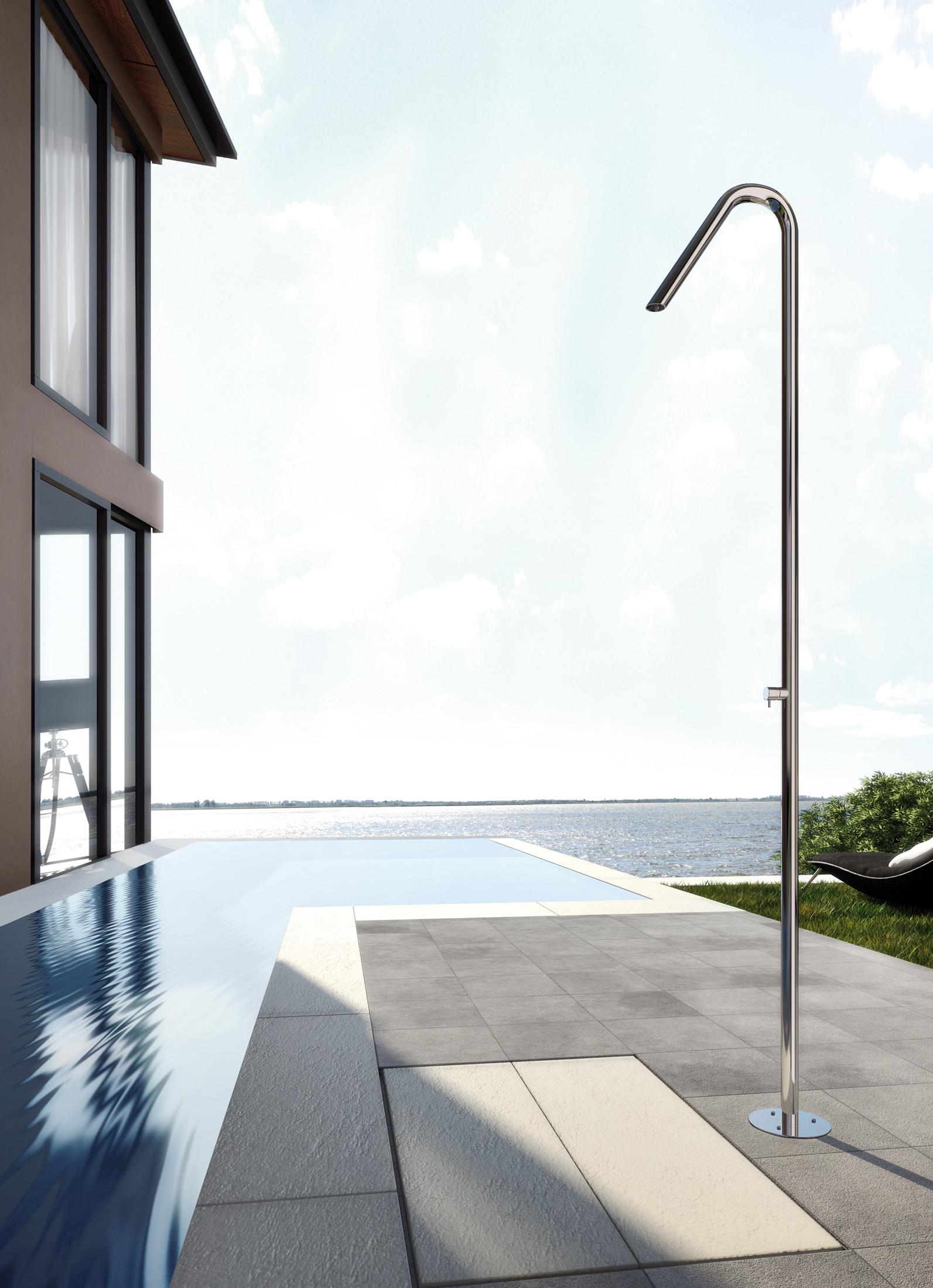 Edelstahl-Gartendusche #pool #dusche #minimalistisch #pflasterstein #außendusche ©Fontealta