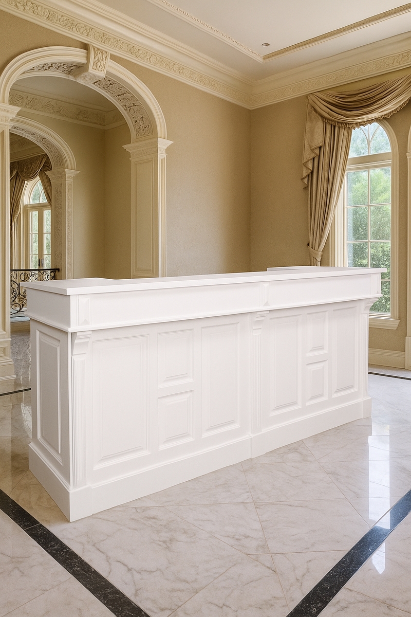 Ein Stück ländliche Eleganz in seiner schönsten Form: Die Casa Padrino Landhausstil Bar Theke in zartem Hellblau und Beige verbindet massive Handwerkskunst.