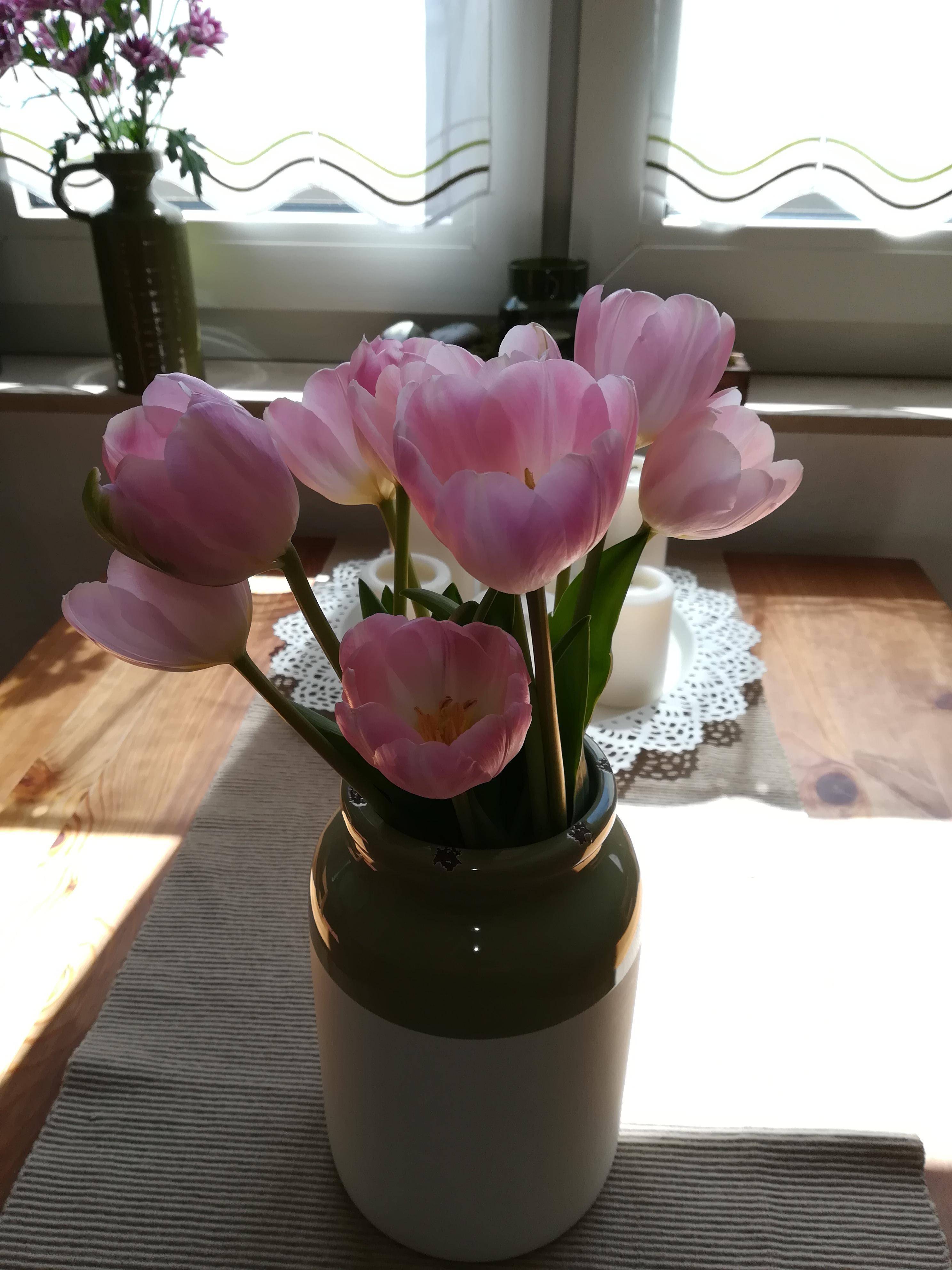 #frühling #grün #vase #tulpen #rosa #weiß #blumen 