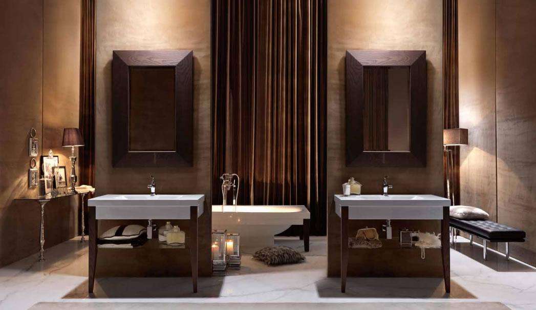 Für die besondere Badezimmeroptik: Waschtisch mit Holzfüssen #retro #spiegel #waschtisch #polsterbank ©Kerasan