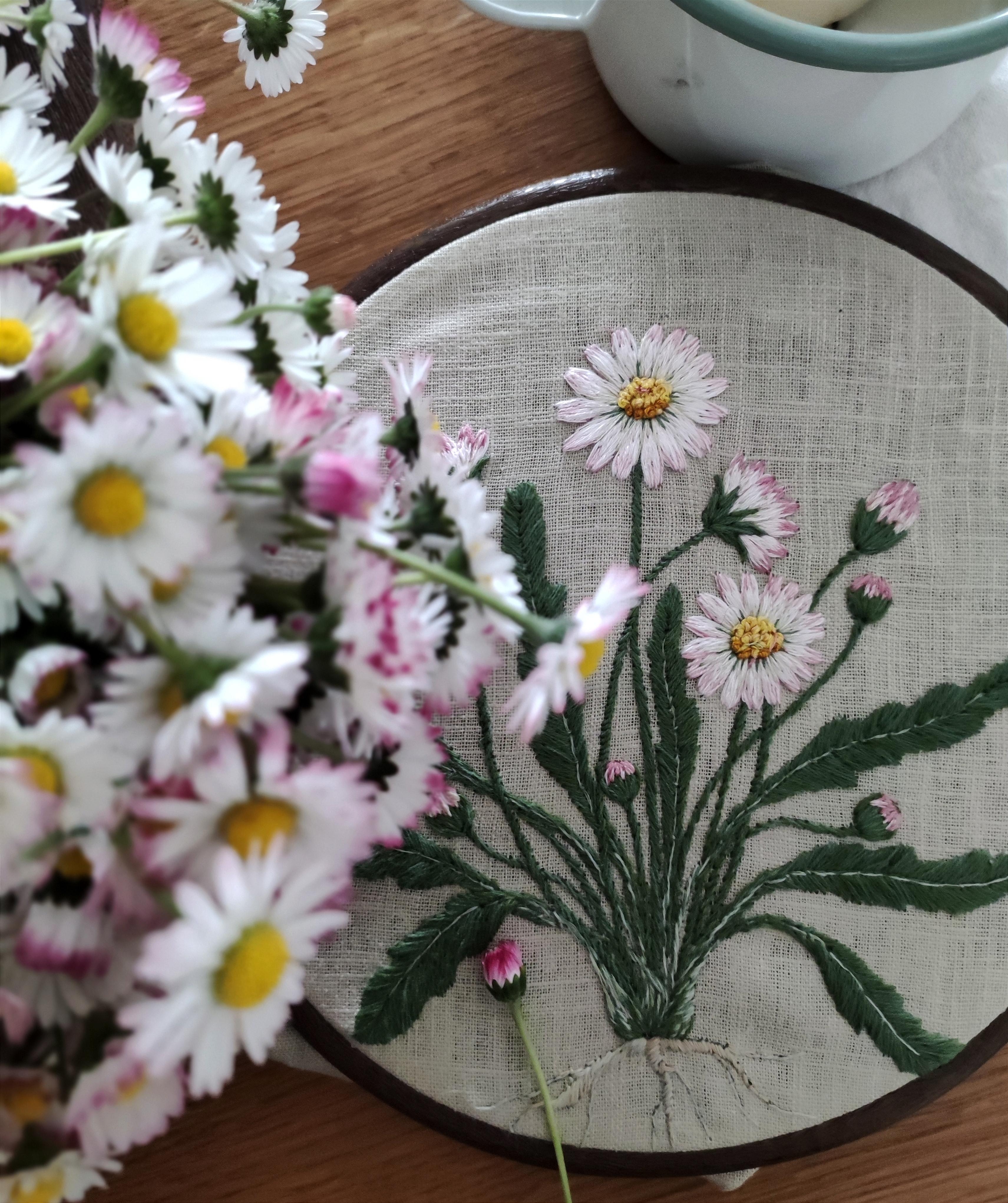 Gänseblümchen in Hülle und Fülle 💮🌸 #botanicalembroidery #wildeblumen #blumenliebe #leine #frühling