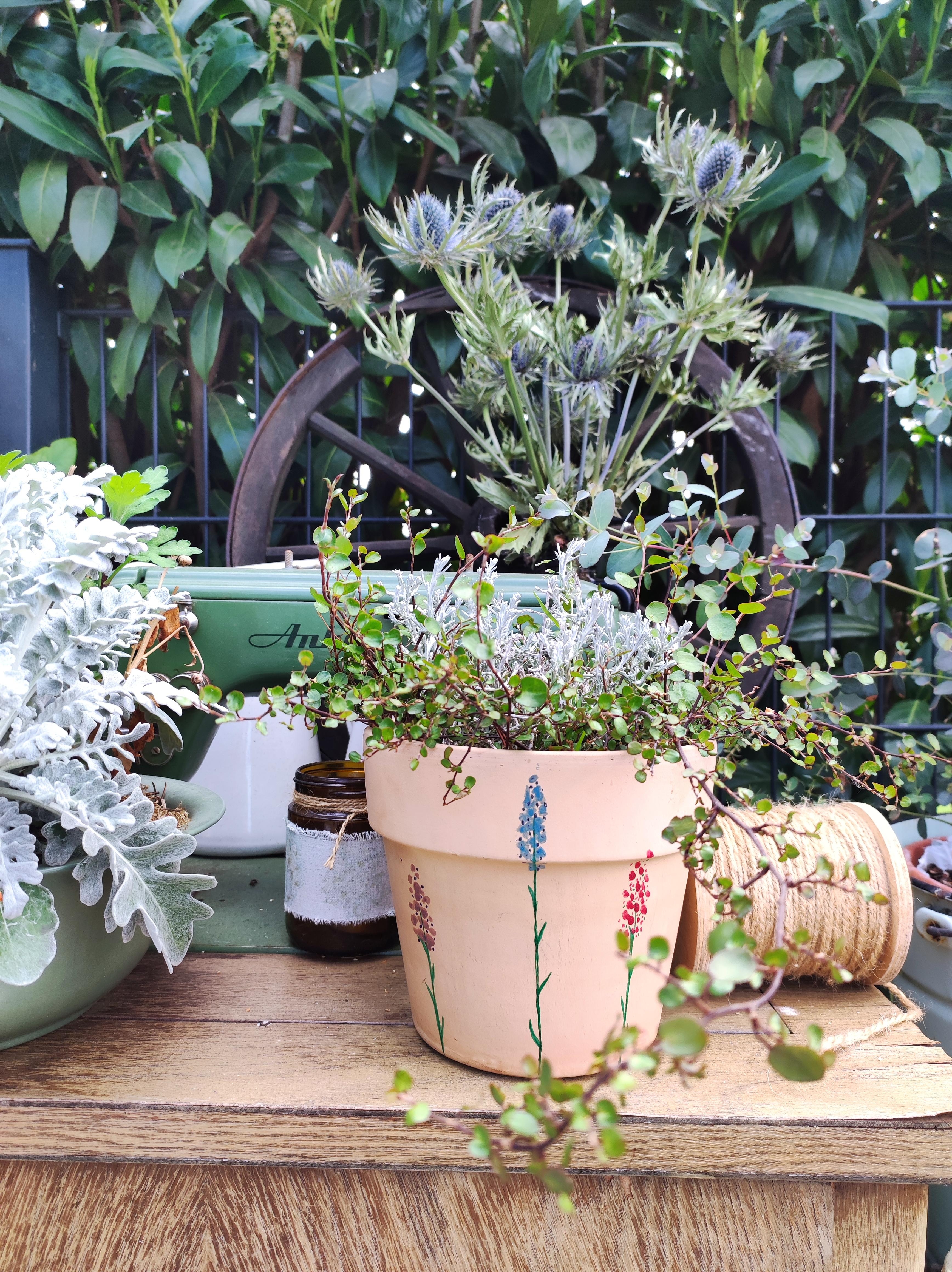 Garten verschönern mit selbsgemalten Töpfen 🪴 #frühling #diy #pflanzenliebe #deko #gartendeko #garten #shabbychic 