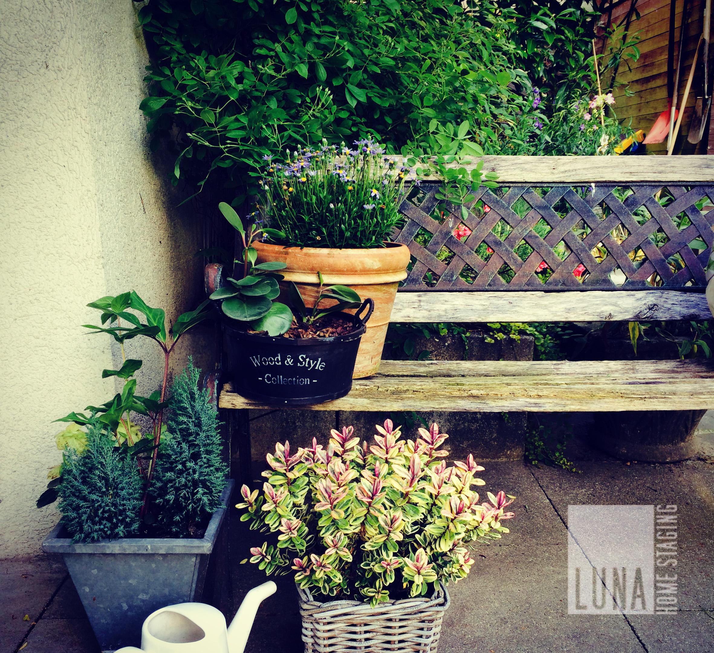 Gartenbank mit Blumen #sitzbank #gartenbank #blumenkübel #blumenbank ©Luna Homestaging