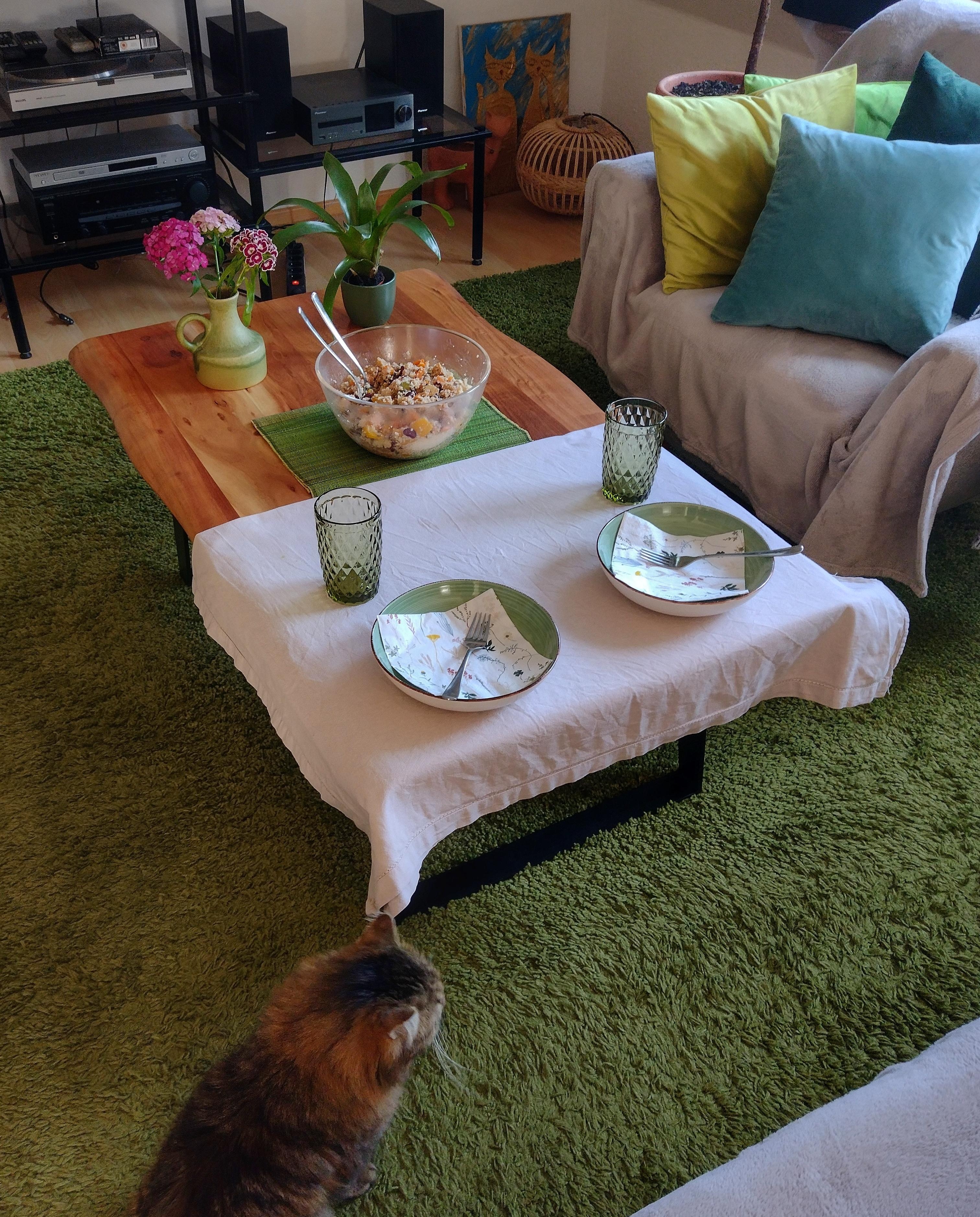 #gedecktertisch #couchtisch #wohnzimmer #katze
