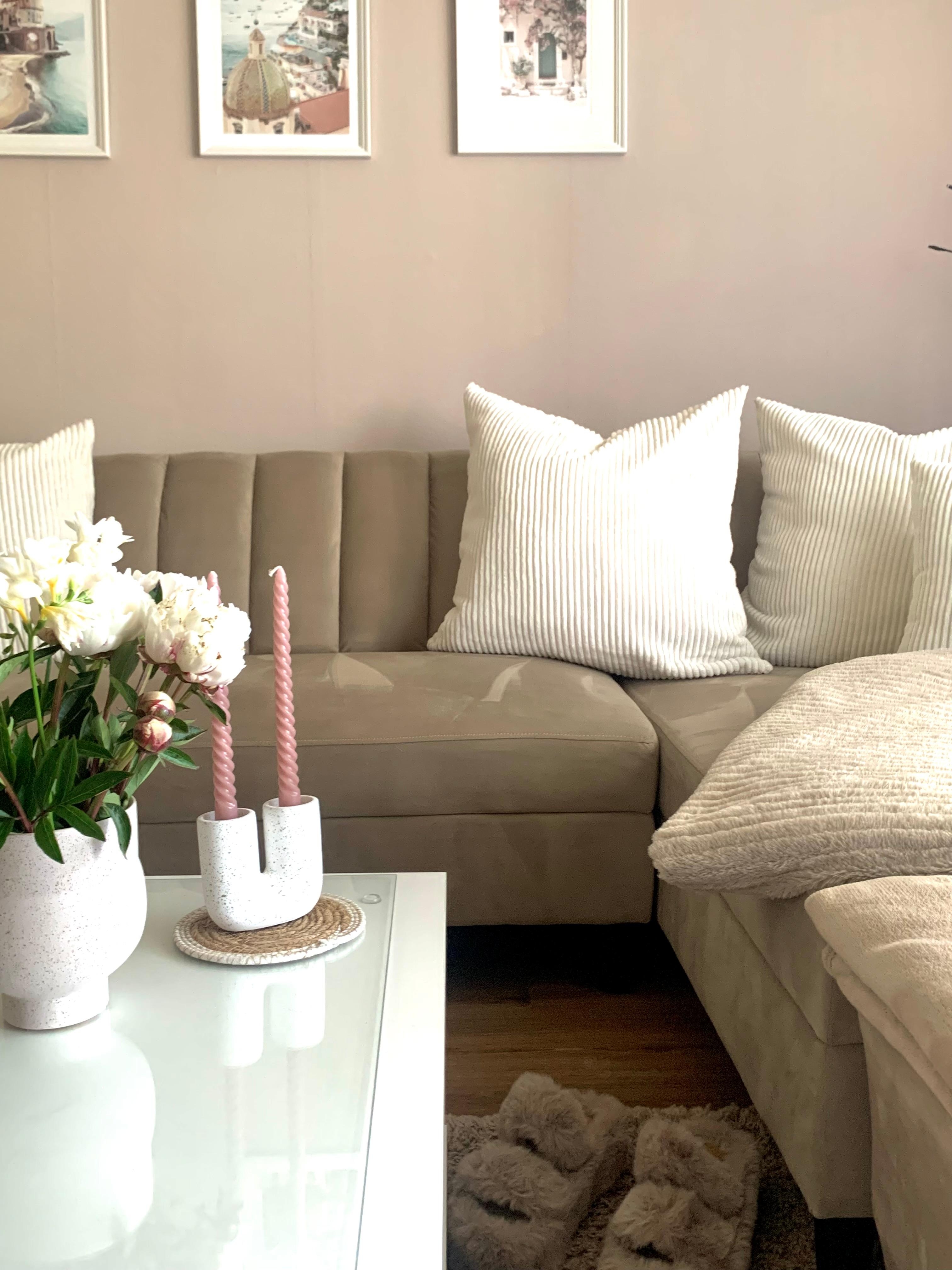 Helles Wohnen 
🤍
#couch #wohnzimmer #bilder #kissen #samt #flower #kerzen #vase #plaid #couchtisch #glas #teppich