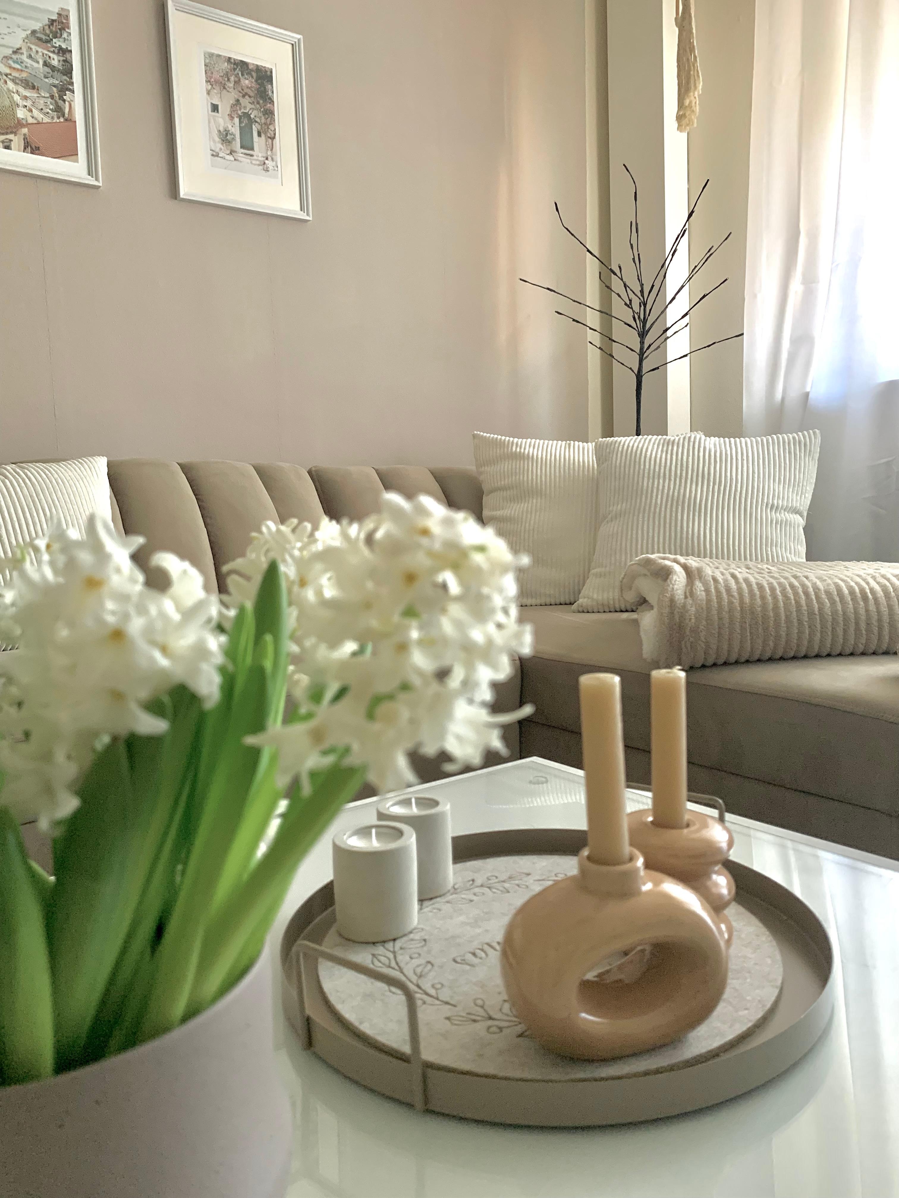 Helles wohnen 🤍🤎

#cozy #couch #flower #bild #kerzen #vase #kissen #couchtisch 