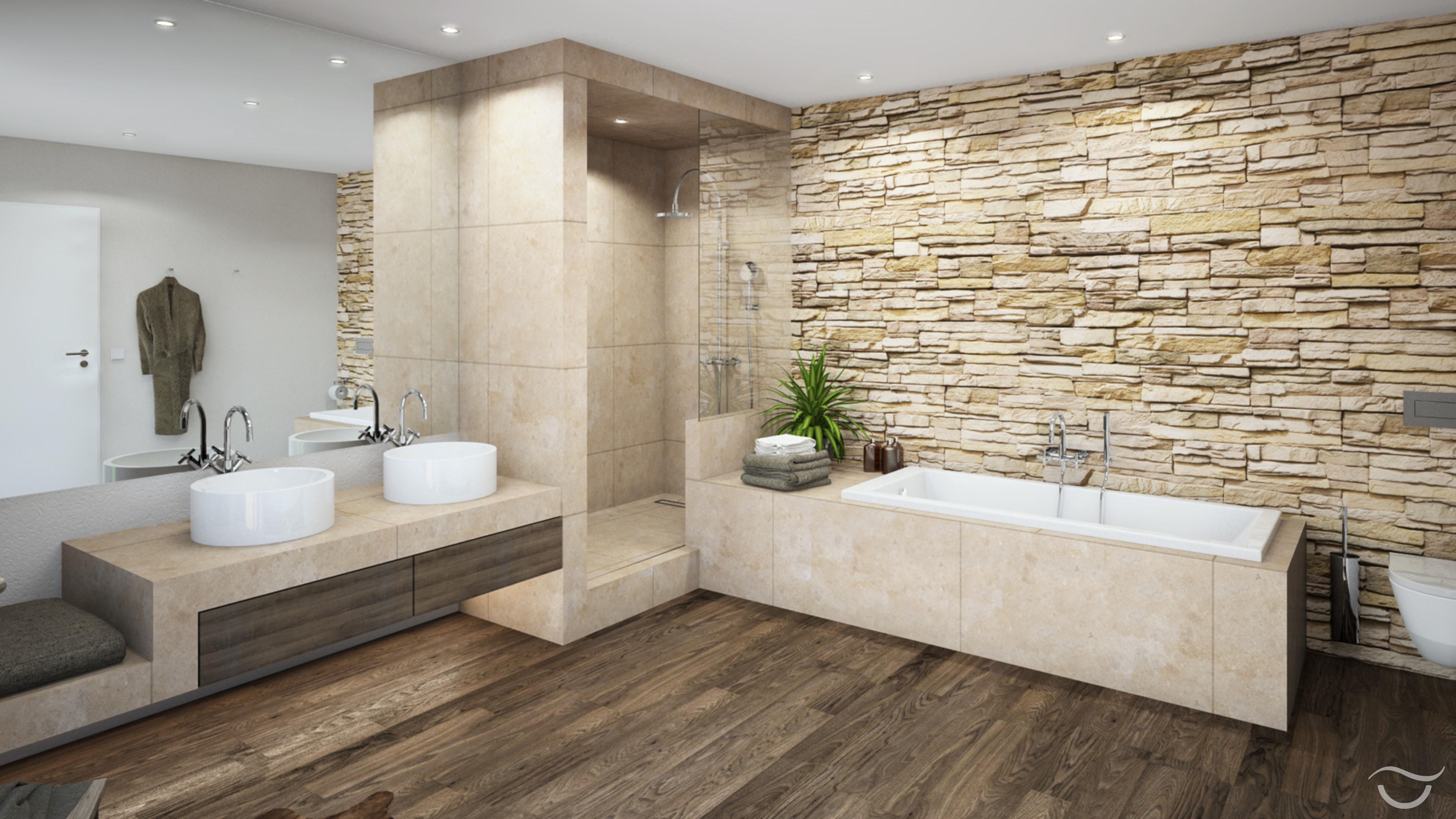 Holzboden im RUSTICO-Design #waschbecken #steinwand #rustikal #aufsatzwaschbecken #einbaudusche ©Banovo GmbH