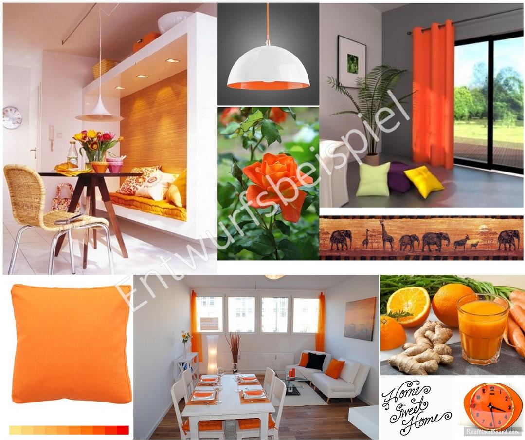 Home Design Moodboard - Esszimmer in frischen Orangefarbtönen #kissen #moodboard ©DAHS