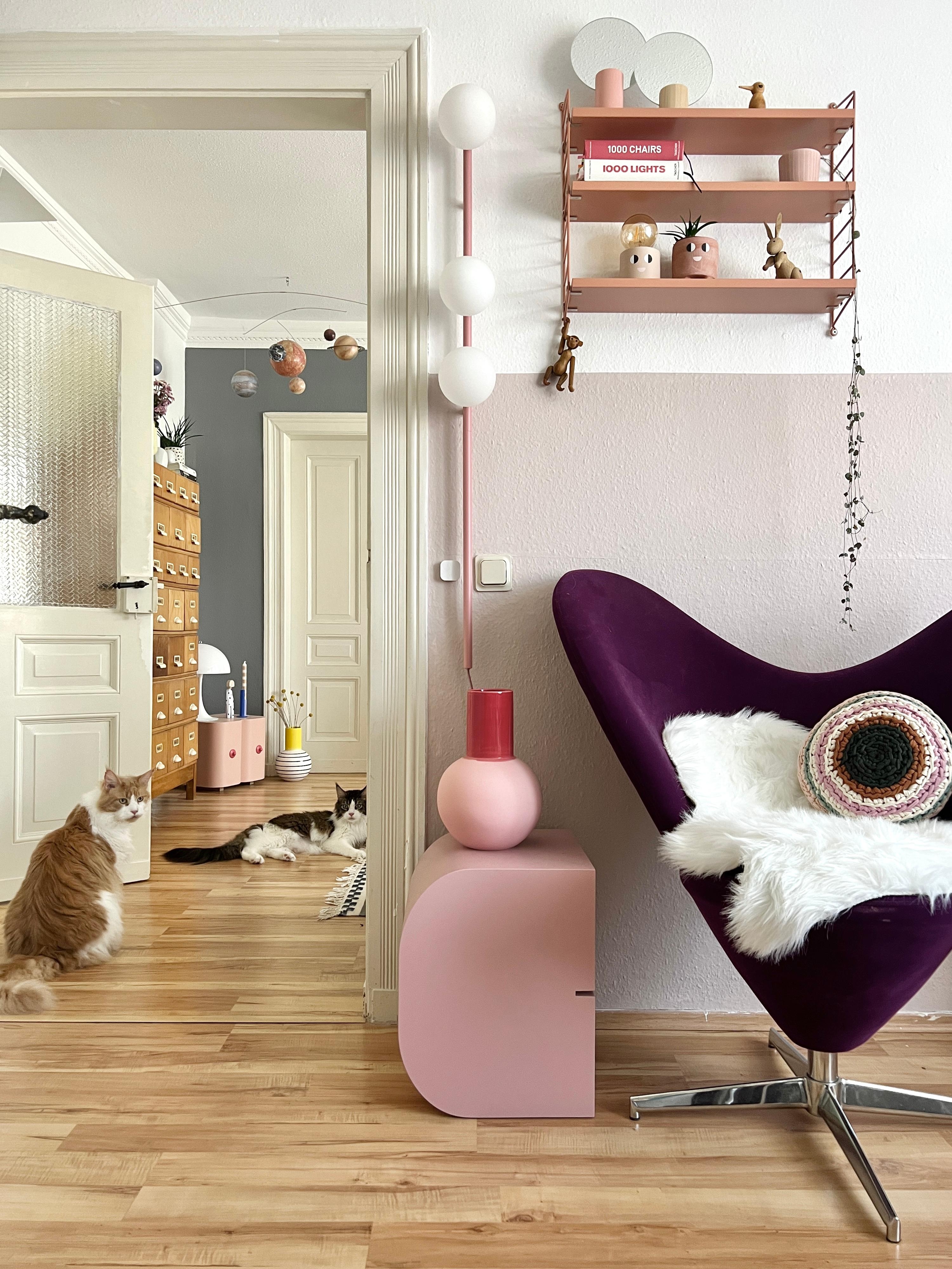 #interior #interiordesign #couchliebt #wohnzimmer #katze #haustier #rosa #stringregal #buchstabenhocker #vintage #sessel