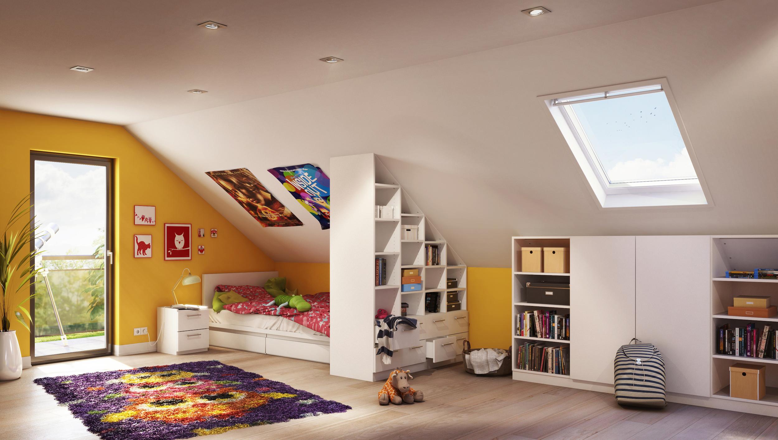 Kinderzimmer unterm Dach #dachschräge #bücherregal ©deinSchrank.de