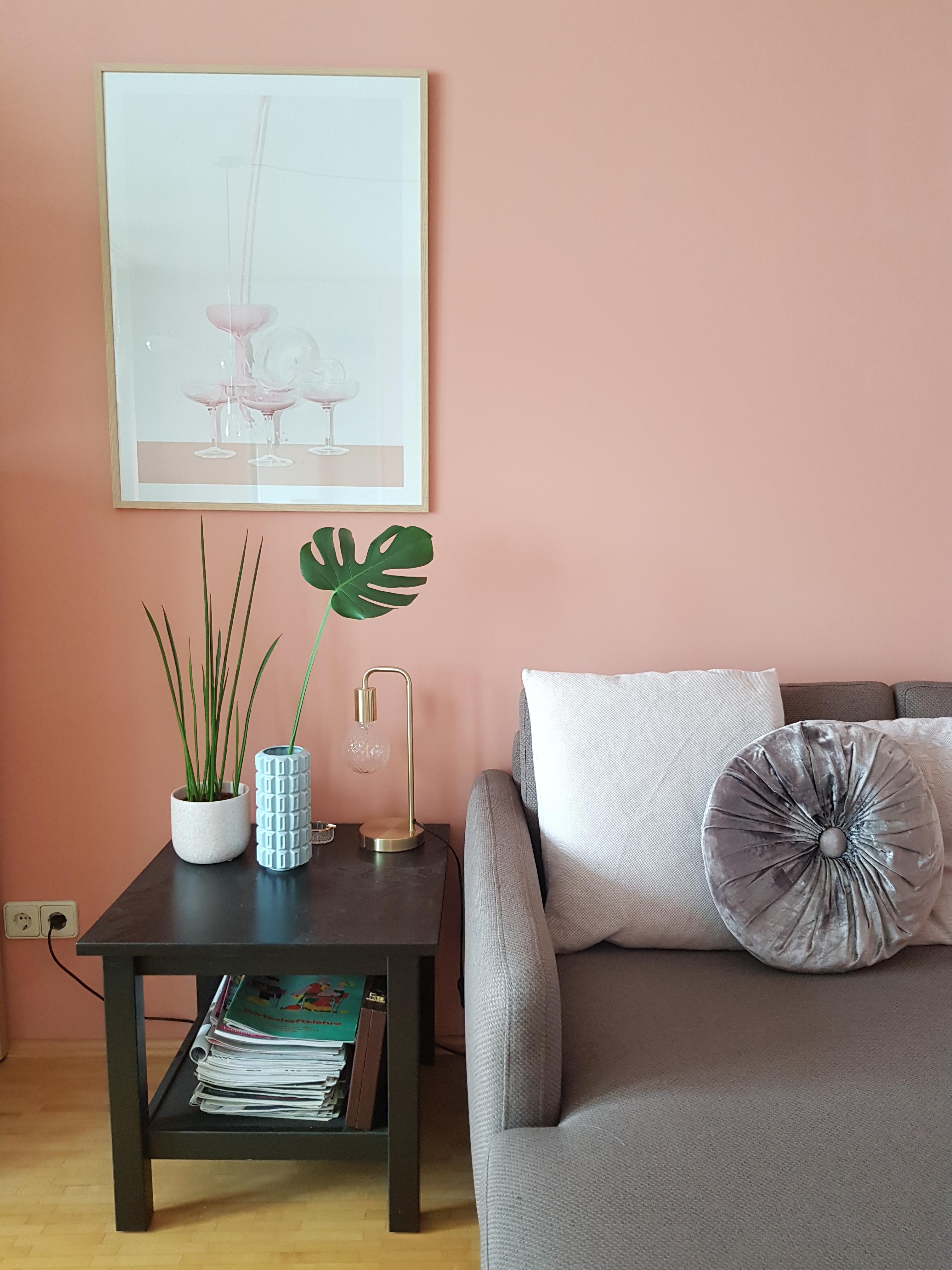 Kleines Wohnzimmer-Stillleben | #wandfarbe #wohnzimmer #sofa #rosa #monstera #wohnzimmerfarben #zeitschriften 