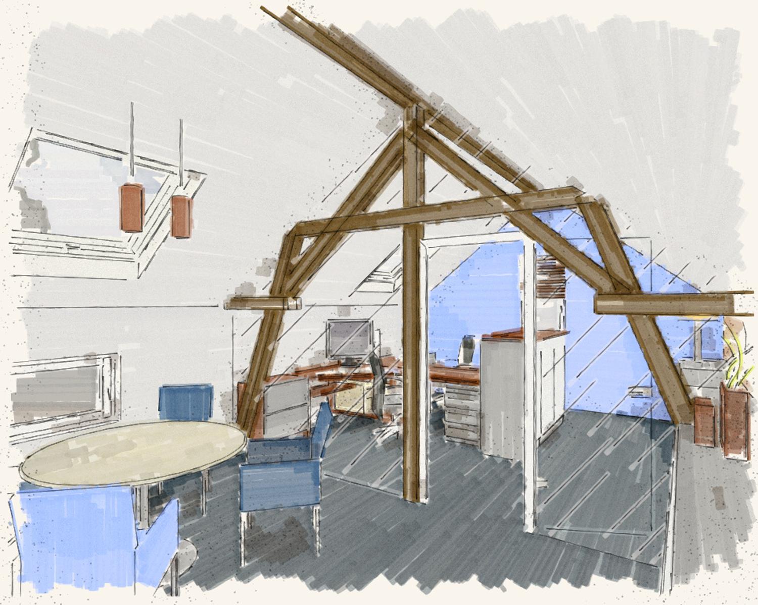 Konferenzbereich mit Büro #dachausbau #dachgeschoss #dachbalken #raumdesign #innenarchitektur ©Silja Zürner