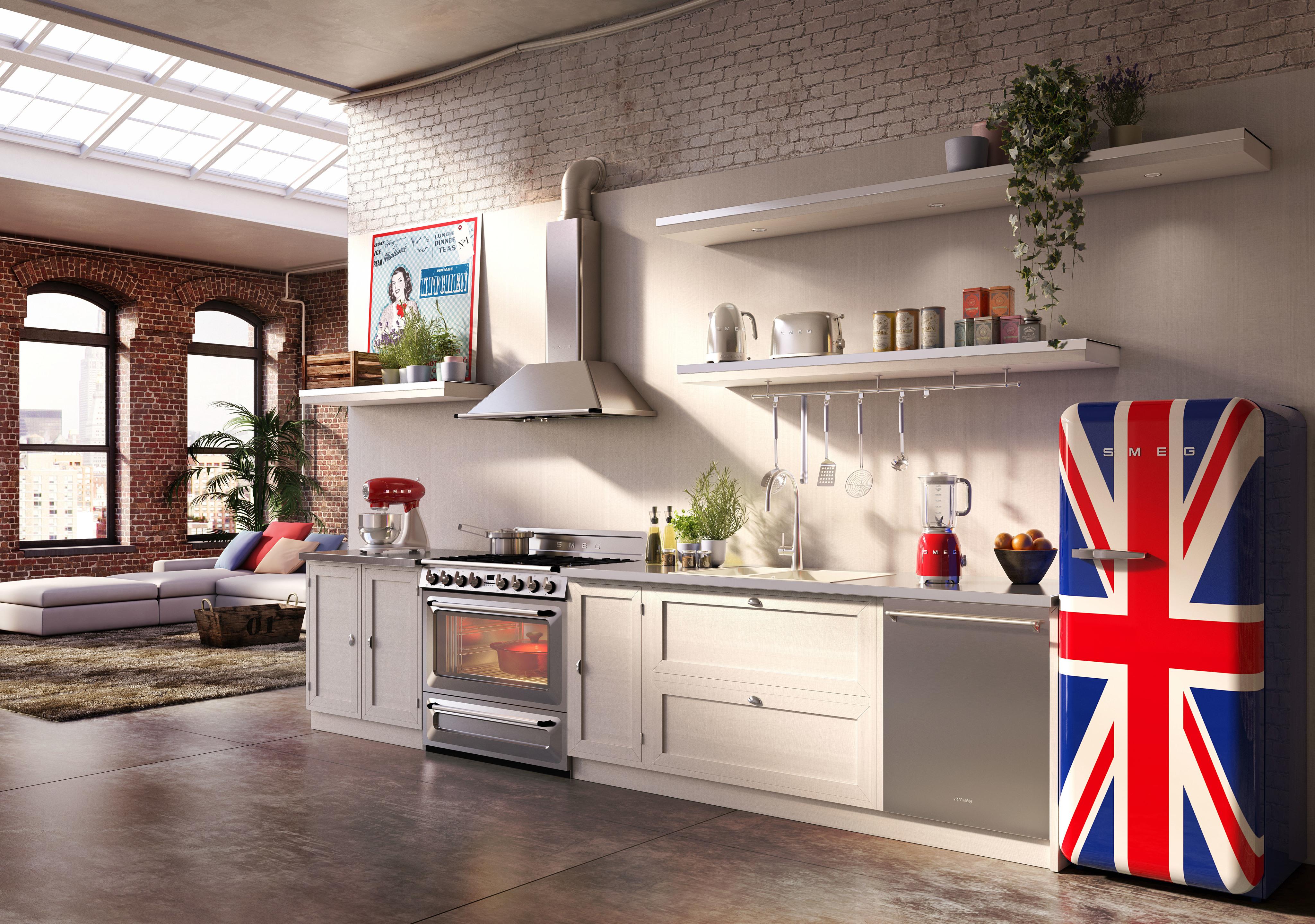 Küche mit Kühlschrank im Union-Jack-Look #retro #kühlschrank #retrokühlschrank ©Smeg