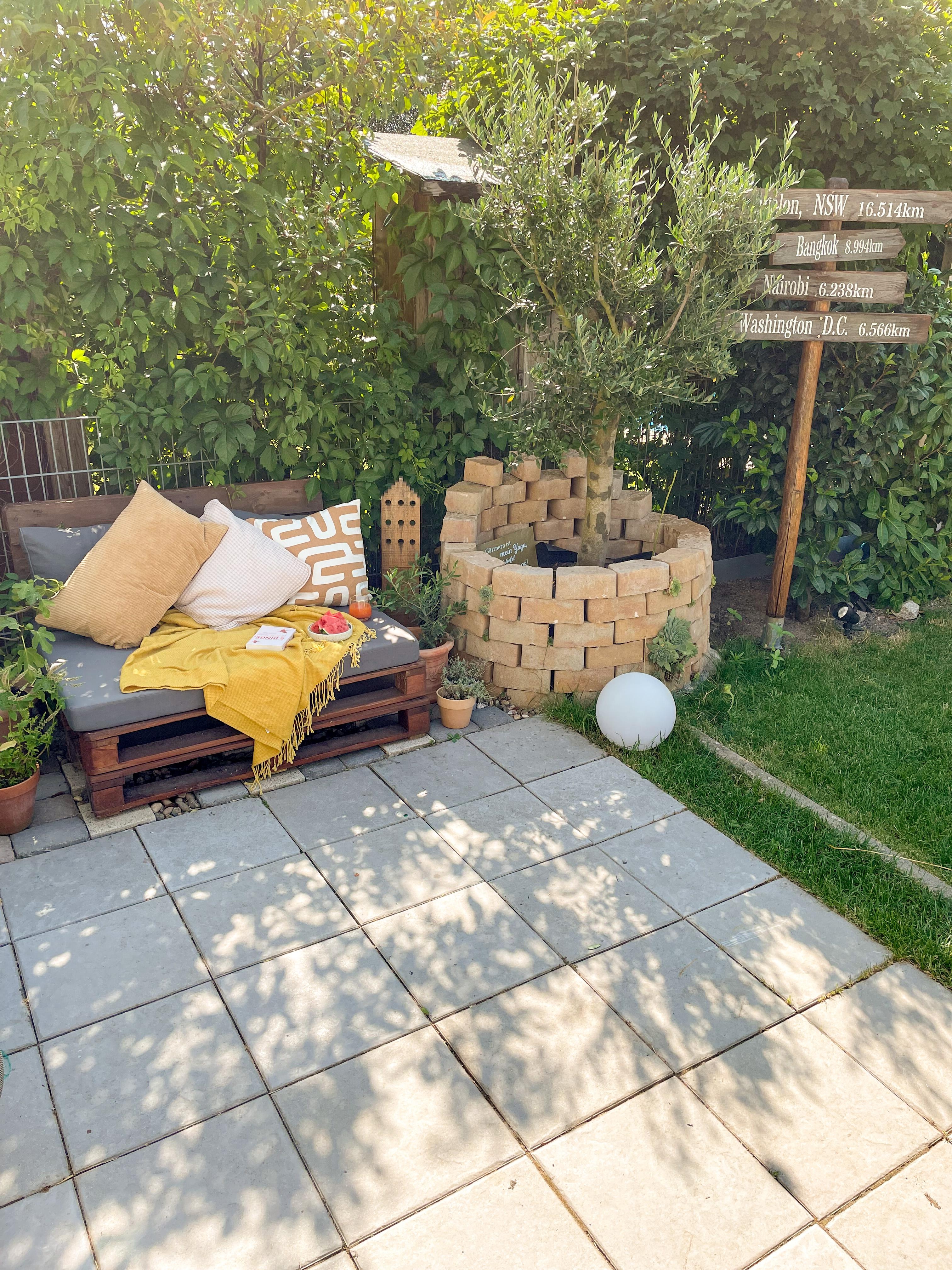 #leseecke im #garten 🌿
 #olivenbaum #palettenmöbel #outdoor #wegweiser #terrasse 