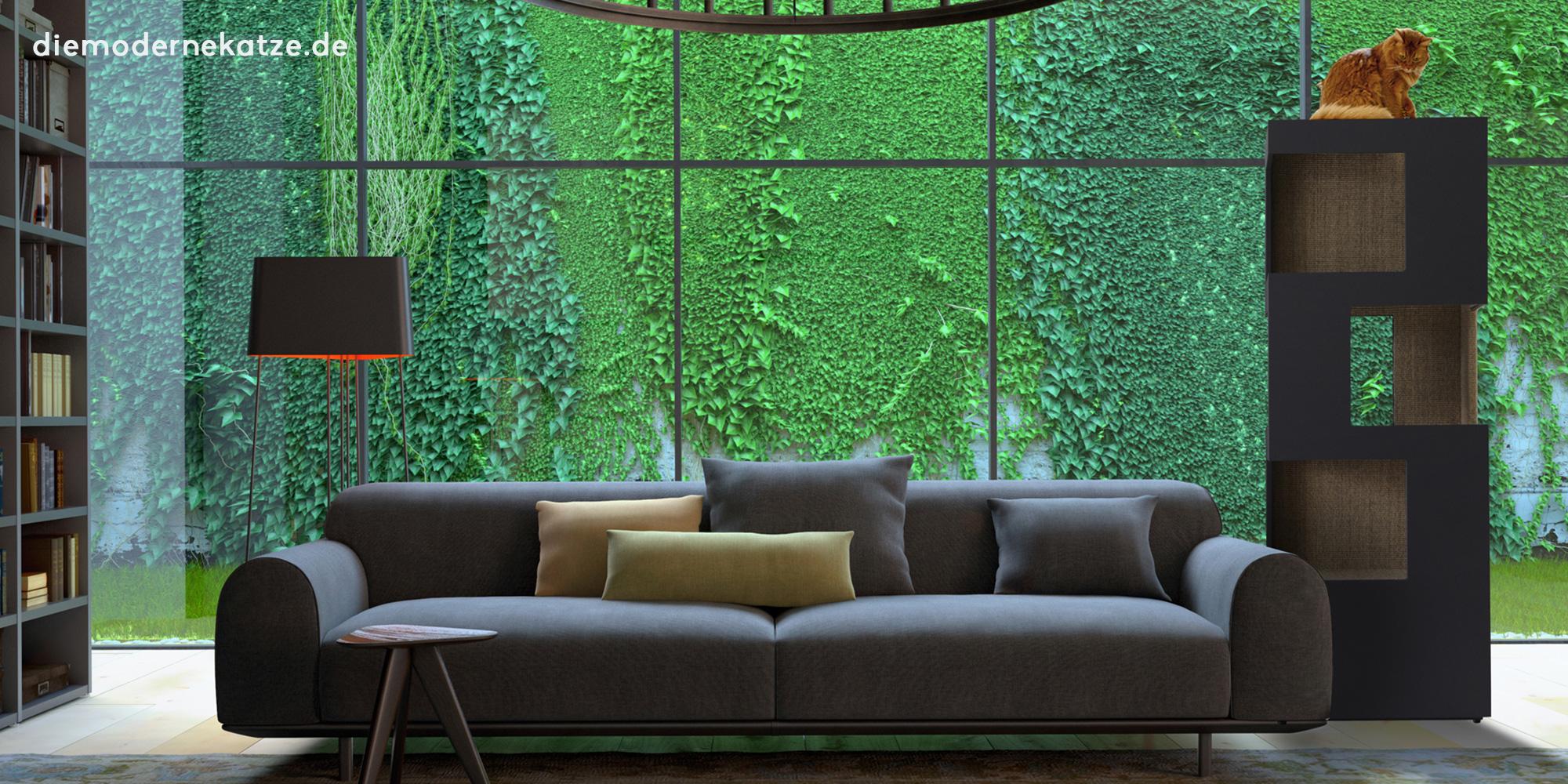 Moderner Kratzbaum in Anthrazit & Design-Sofa #designkatzenmöbel ©Katzenbaumdesign